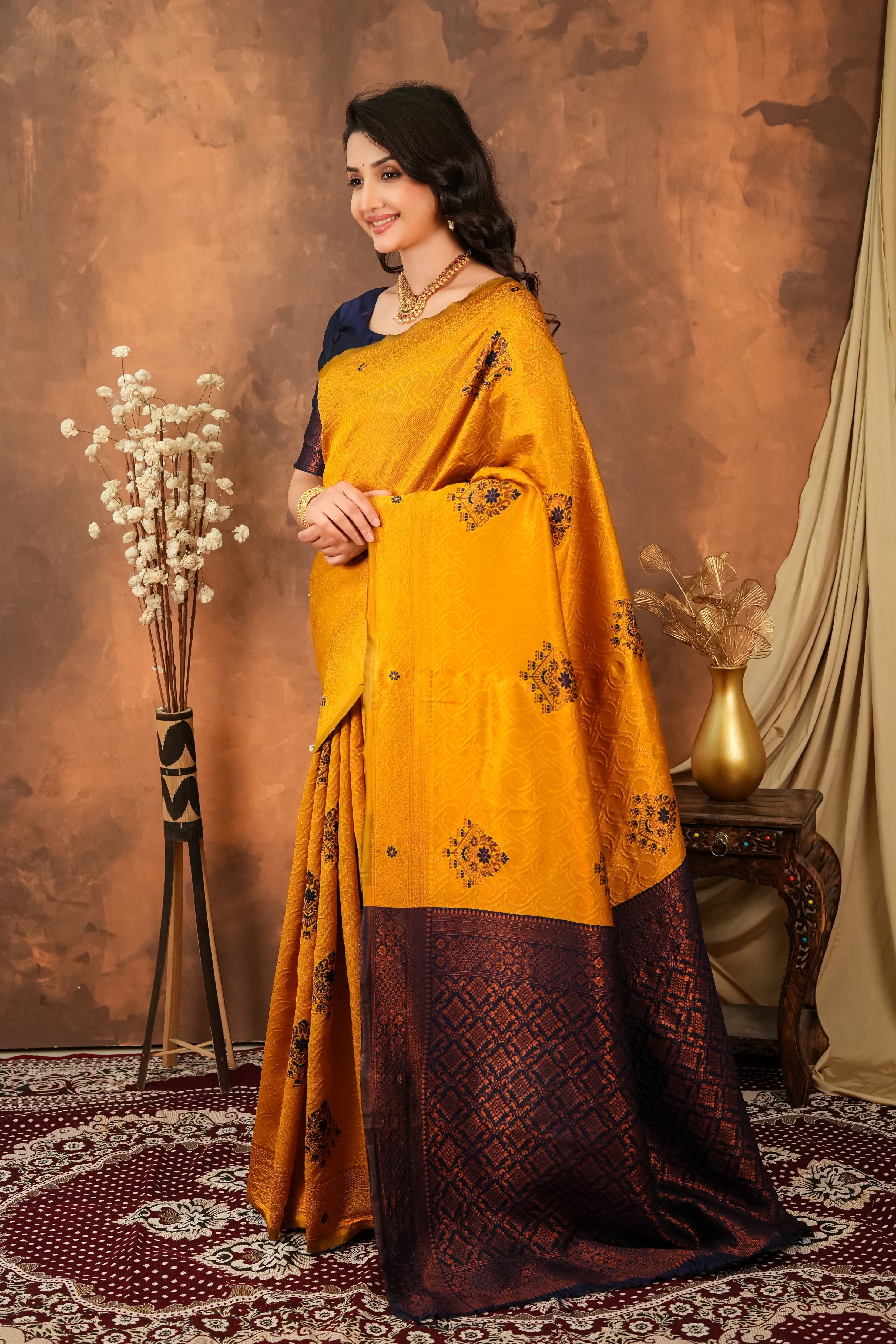 Mustard Gold & Navy Blue Floral Motifs Jacquard Silk Saree