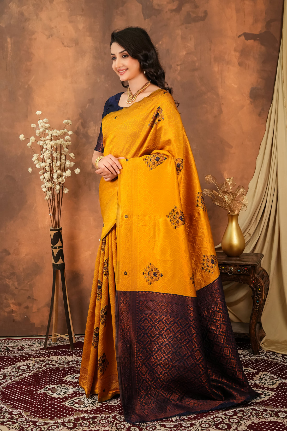 Mustard Gold & Navy Blue Floral Motifs Jacquard Silk Saree