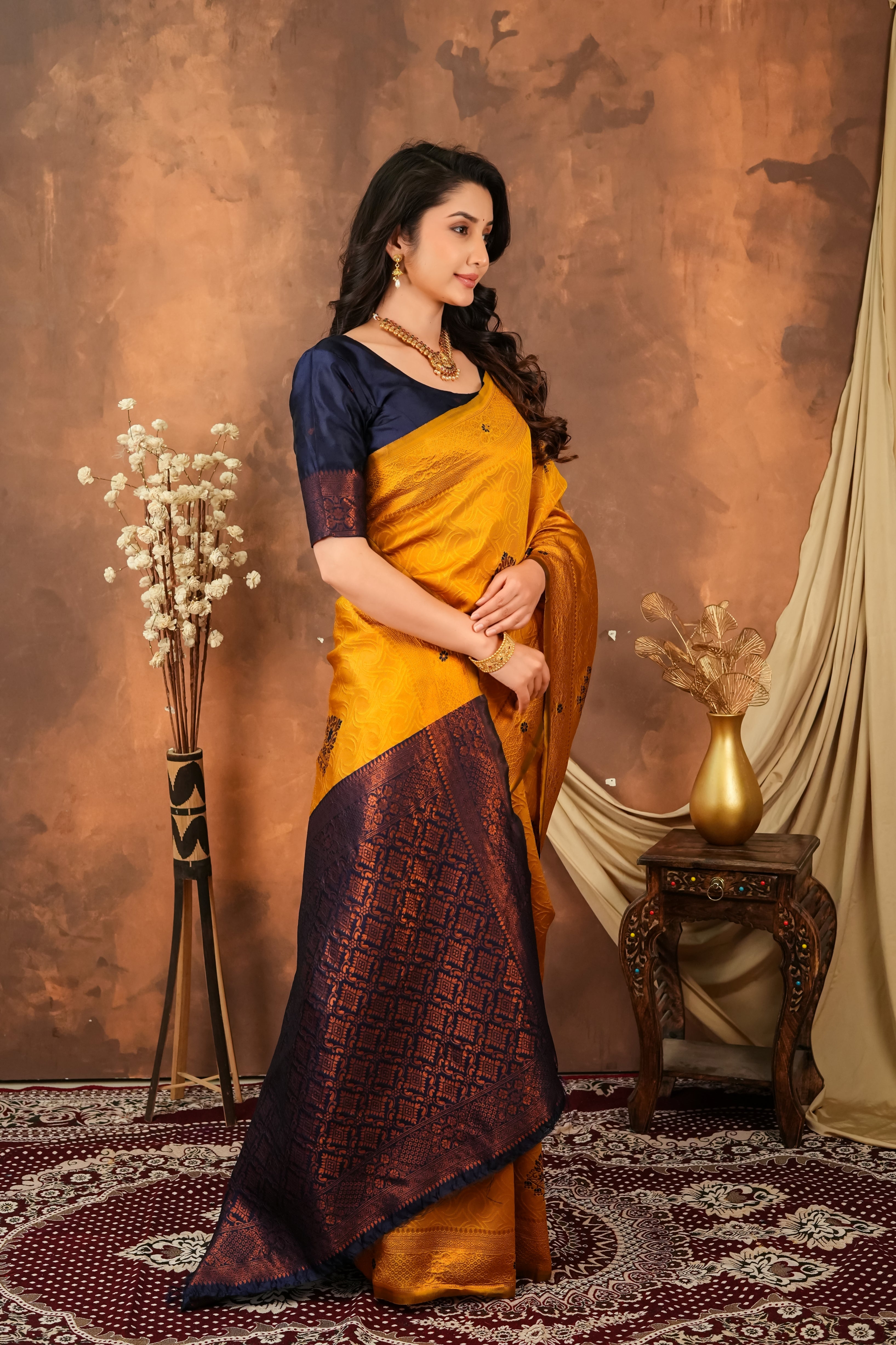 Mustard Gold & Navy Blue Floral Motifs Jacquard Silk Saree