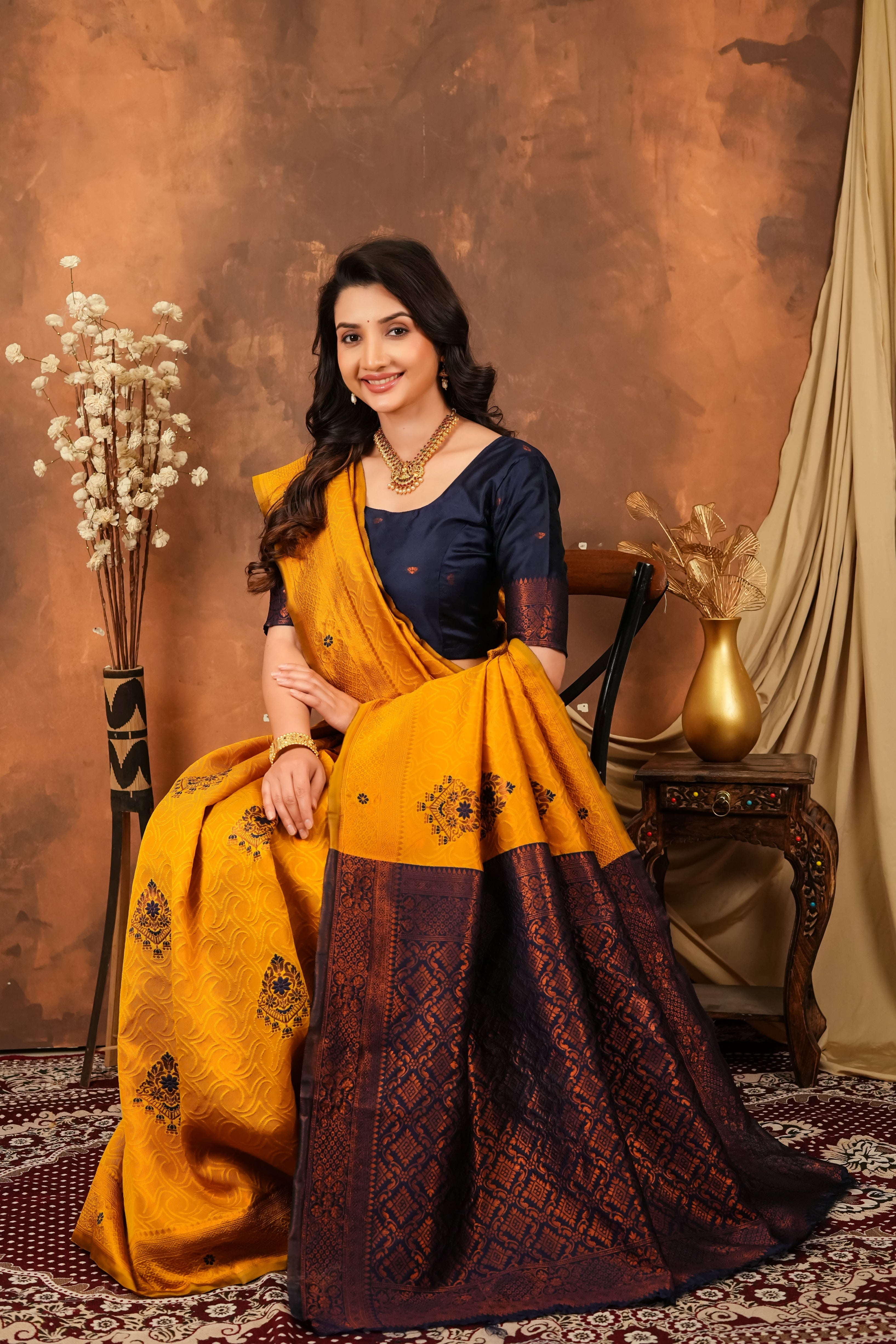 Mustard Gold & Navy Blue Floral Motifs Jacquard Silk Saree