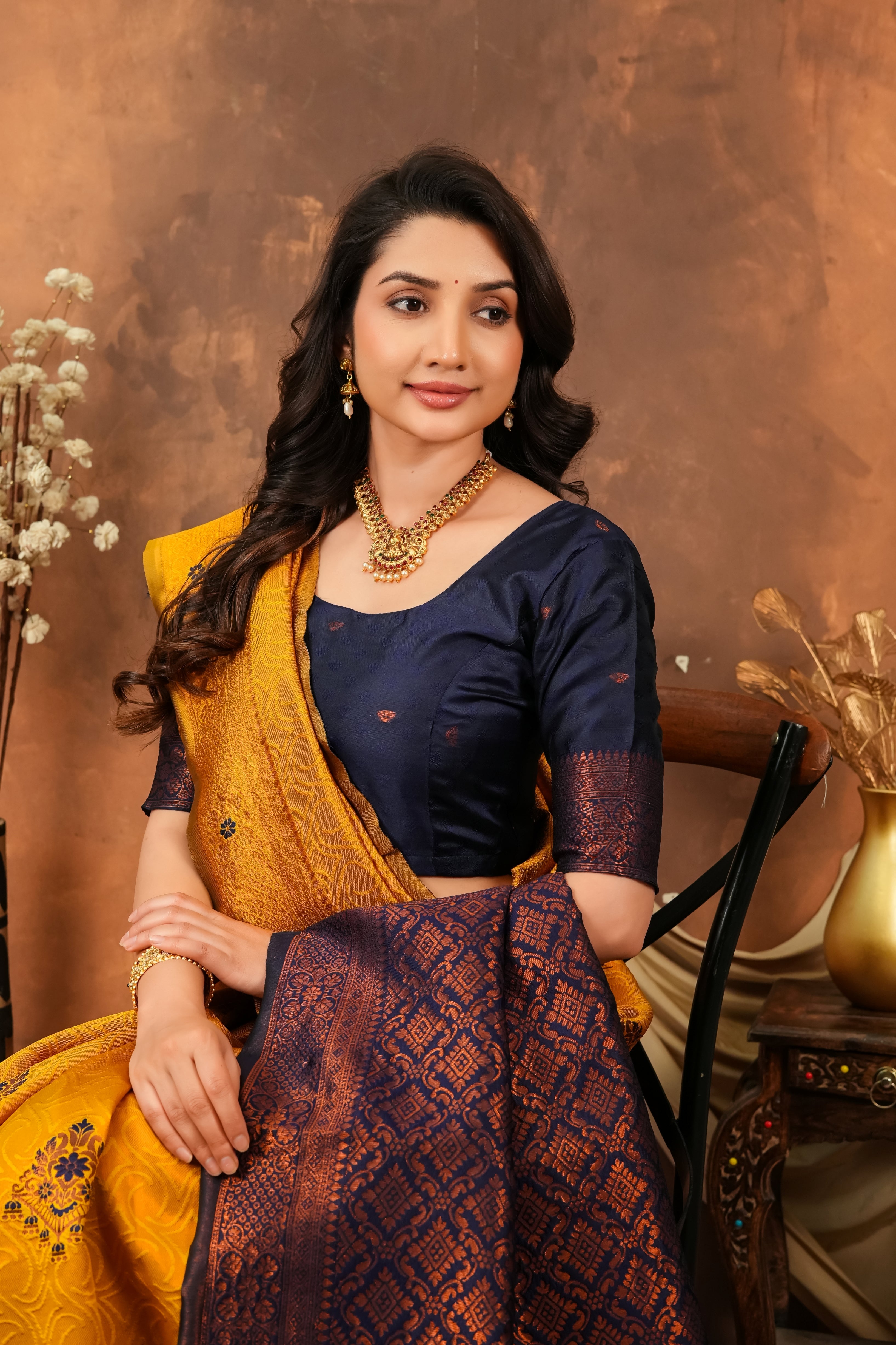 Mustard Gold & Navy Blue Floral Motifs Jacquard Silk Saree