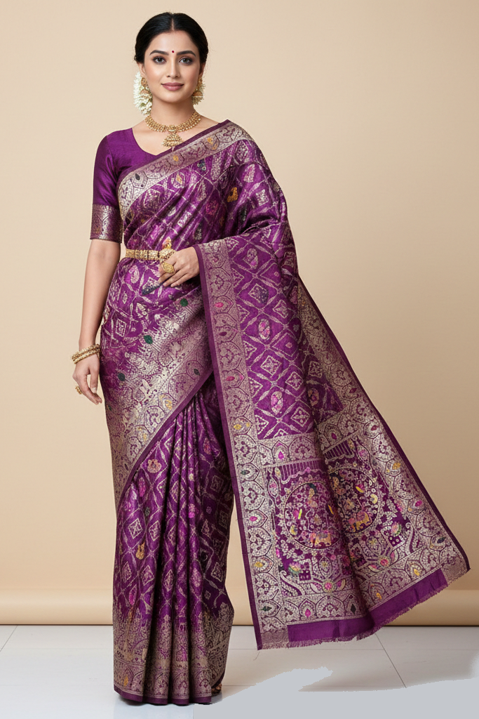 Woman wearing a purple saree with intricate patterns on a beige background