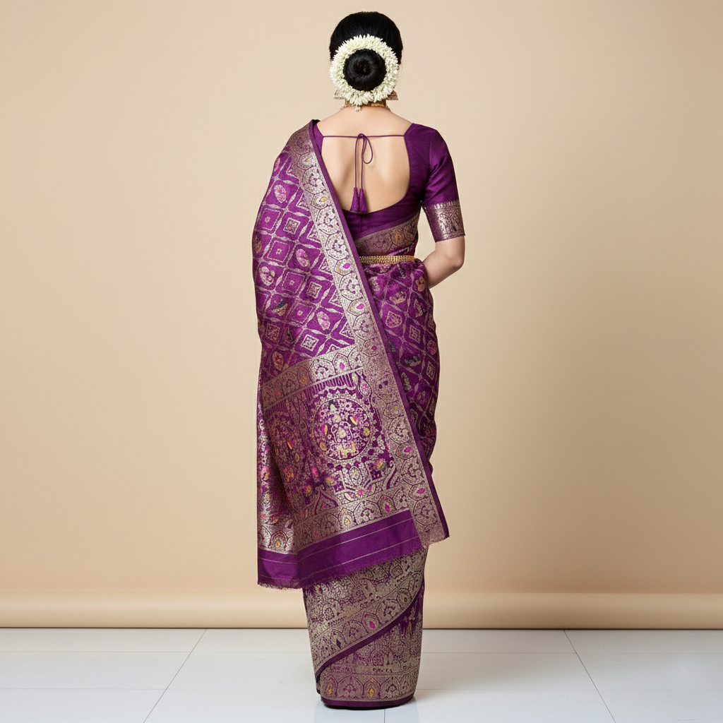 Royal Wine Purple Dola Silk Saree with Elephant & Floral Zari Border
