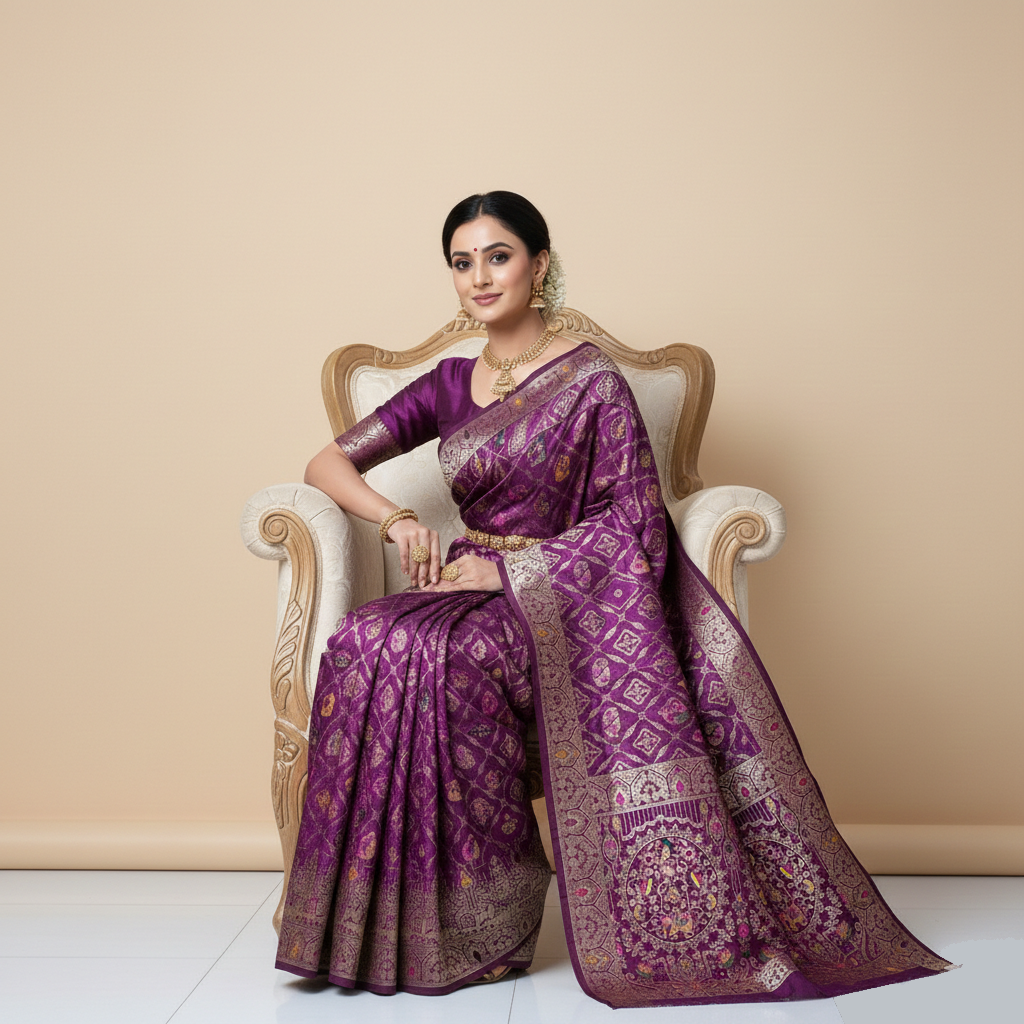 Royal Wine Purple Dola Silk Saree with Elephant & Floral Zari Border