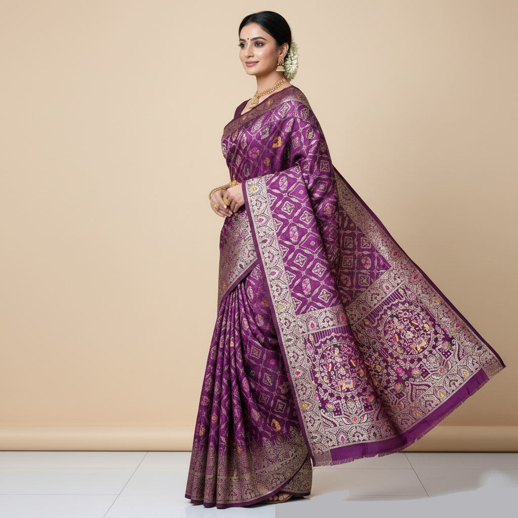 Royal Wine Purple Dola Silk Saree with Elephant & Floral Zari Border