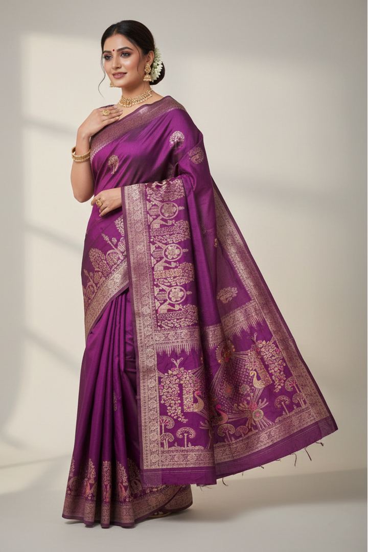 Woman wearing a purple saree with gold patterns on a white background