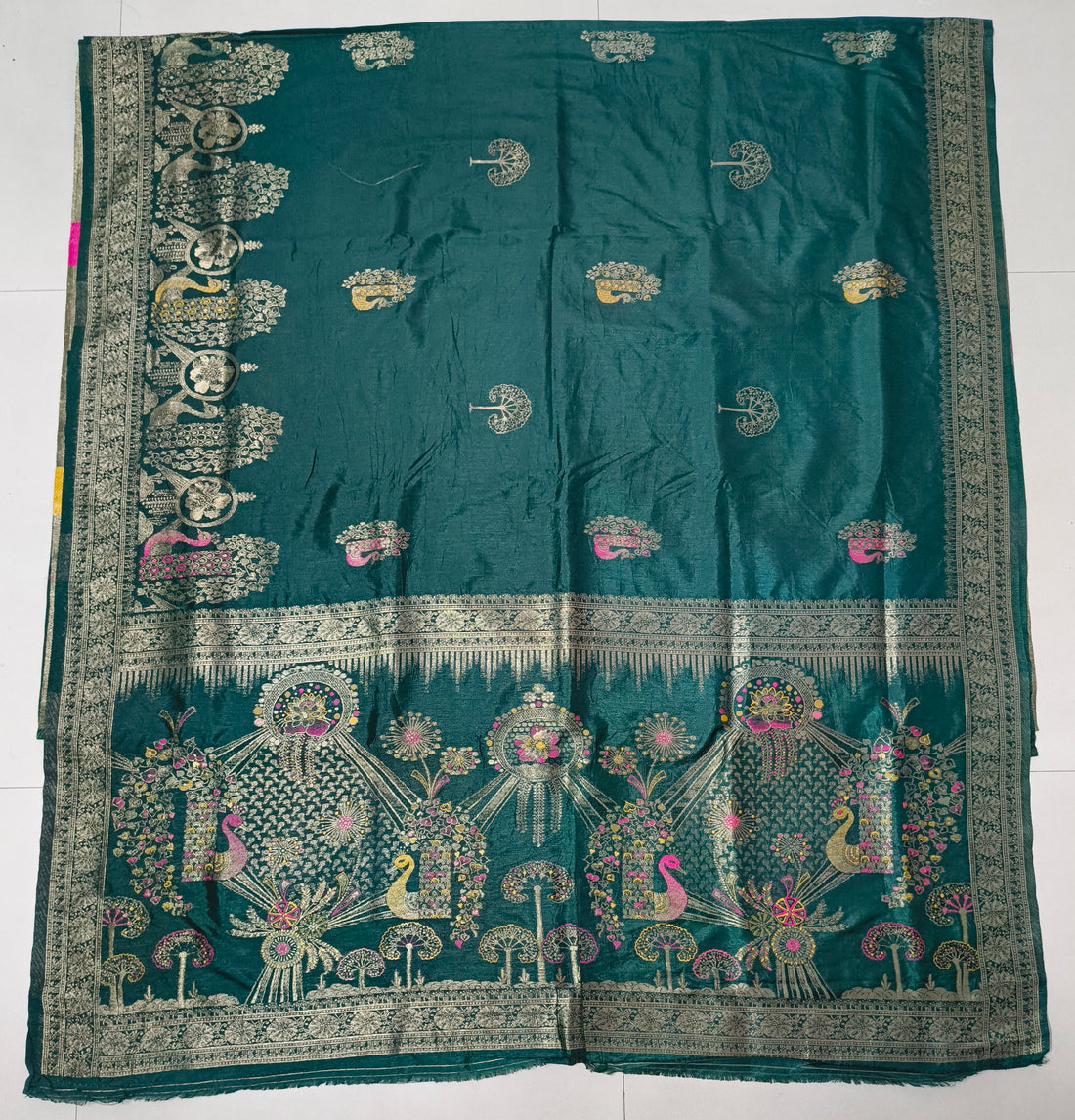 Elegant Deep Teal Green Dola Silk Saree with Peacock & Floral Border