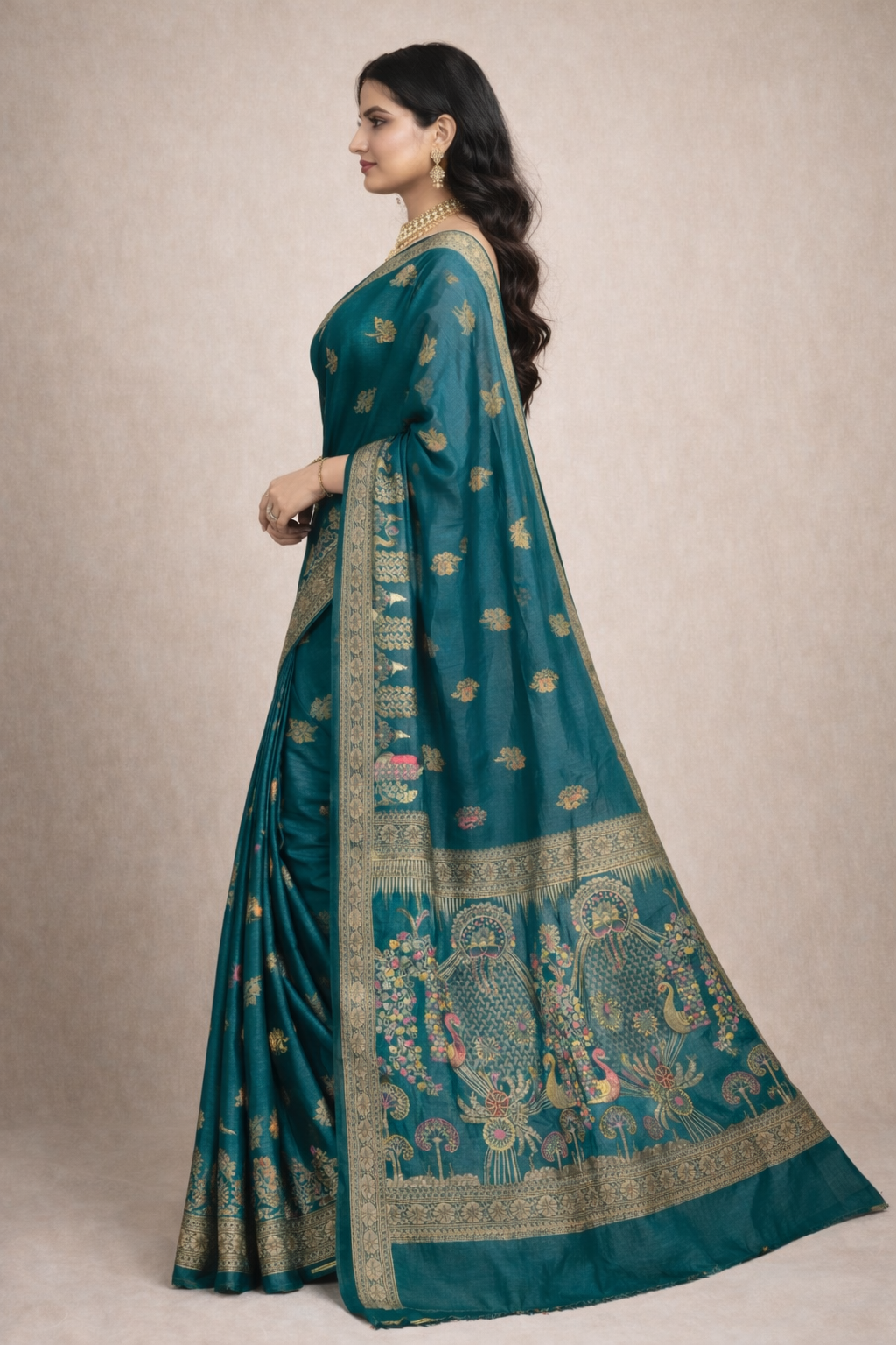 Elegant Deep Teal Green Dola Silk Saree with Peacock & Floral Border