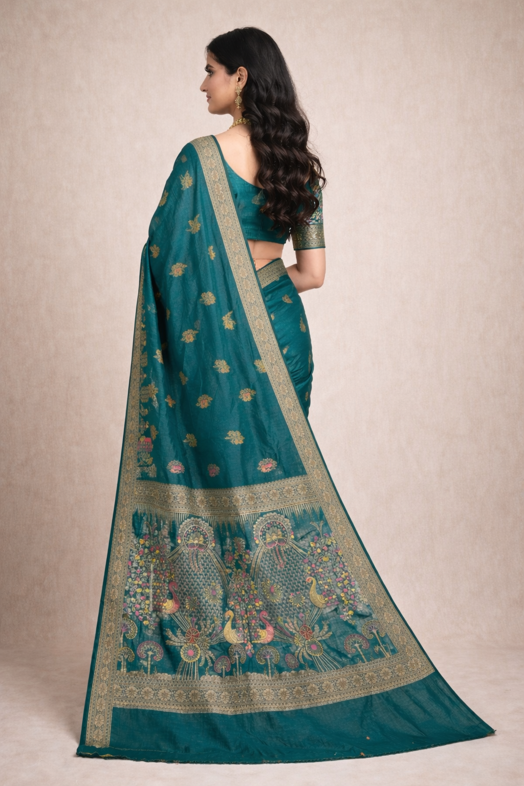 Elegant Deep Teal Green Dola Silk Saree with Peacock & Floral Border