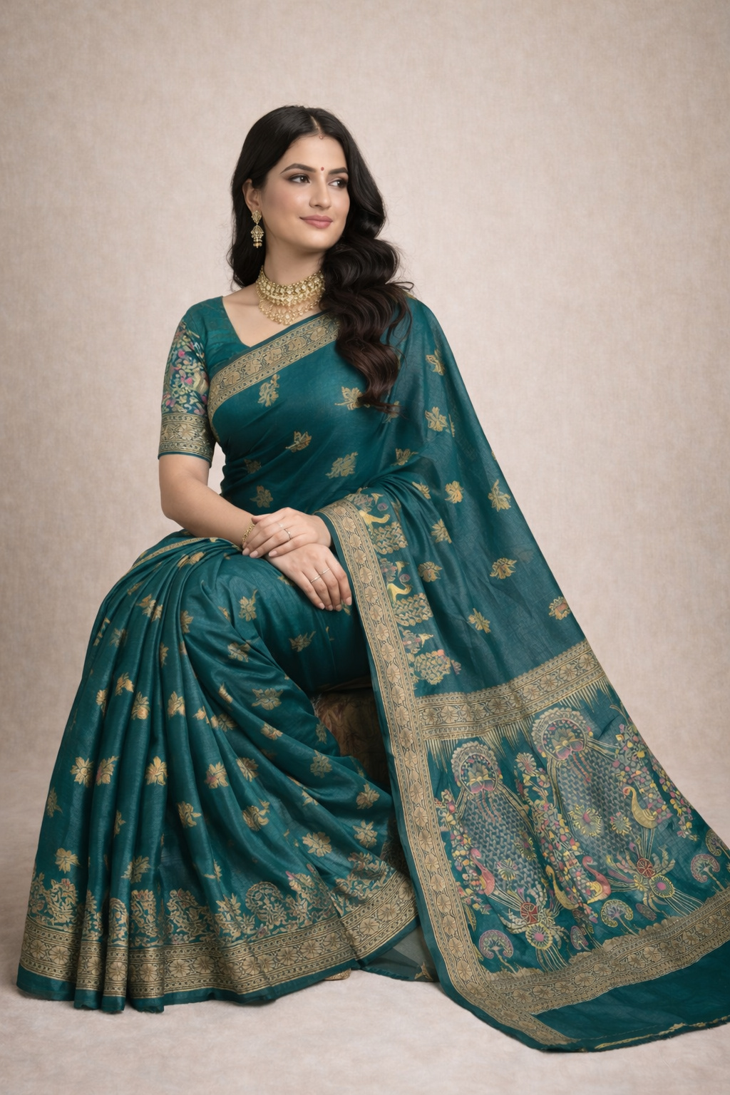 Elegant Deep Teal Green Dola Silk Saree with Peacock & Floral Border