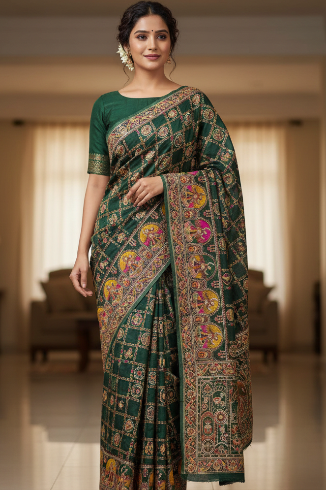 Woman wearing a green saree with intricate patterns in a well-lit room.