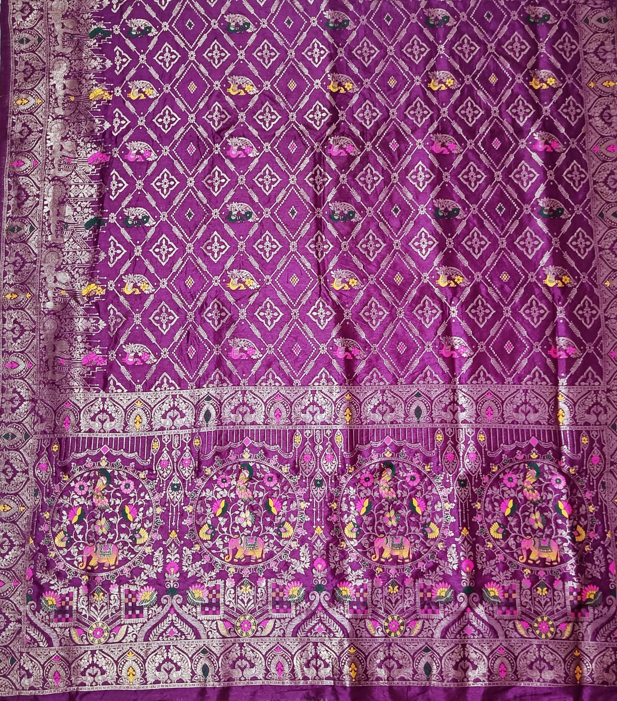Royal Wine Purple Dola Silk Saree with Elephant & Floral Zari Border