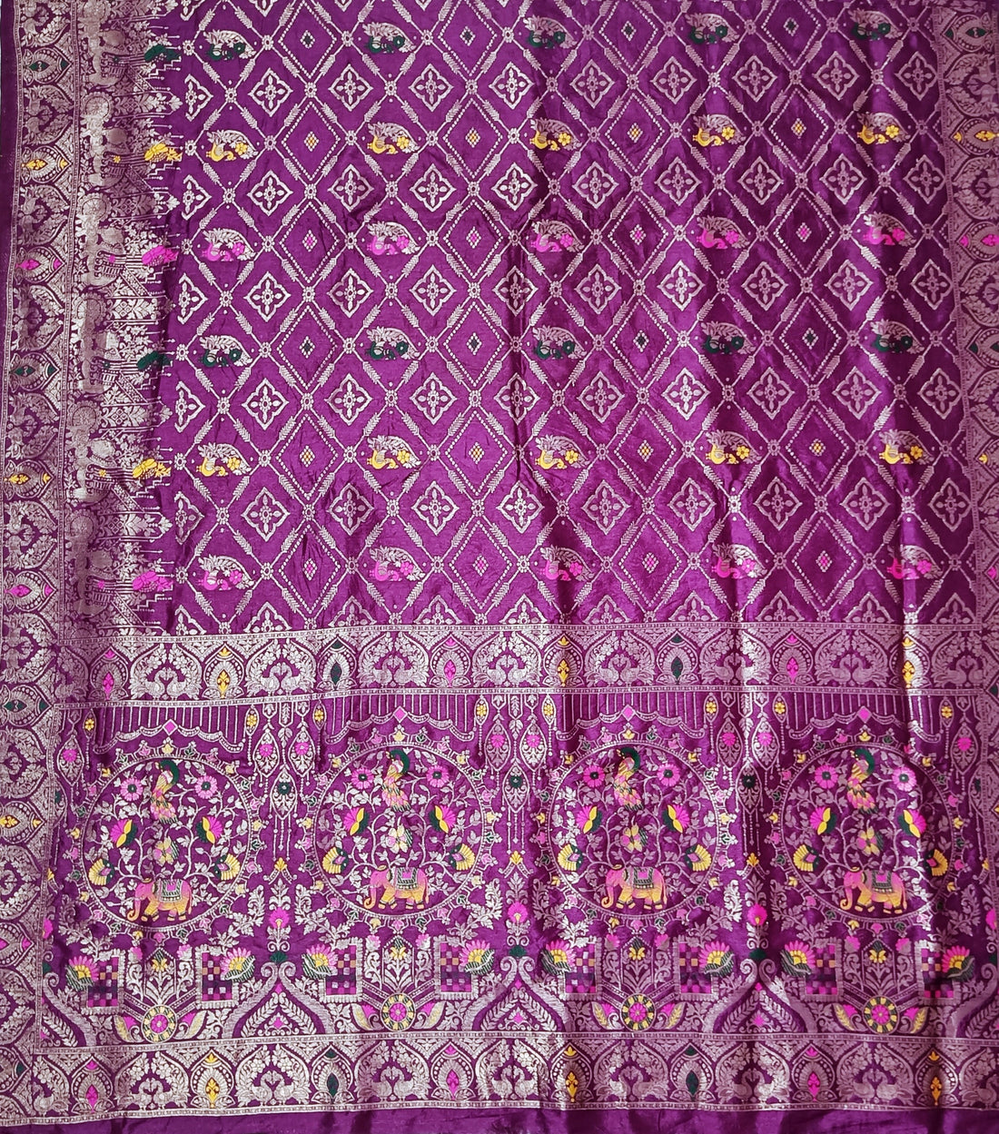 Royal Wine Purple Dola Silk Saree with Elephant & Floral Zari Border