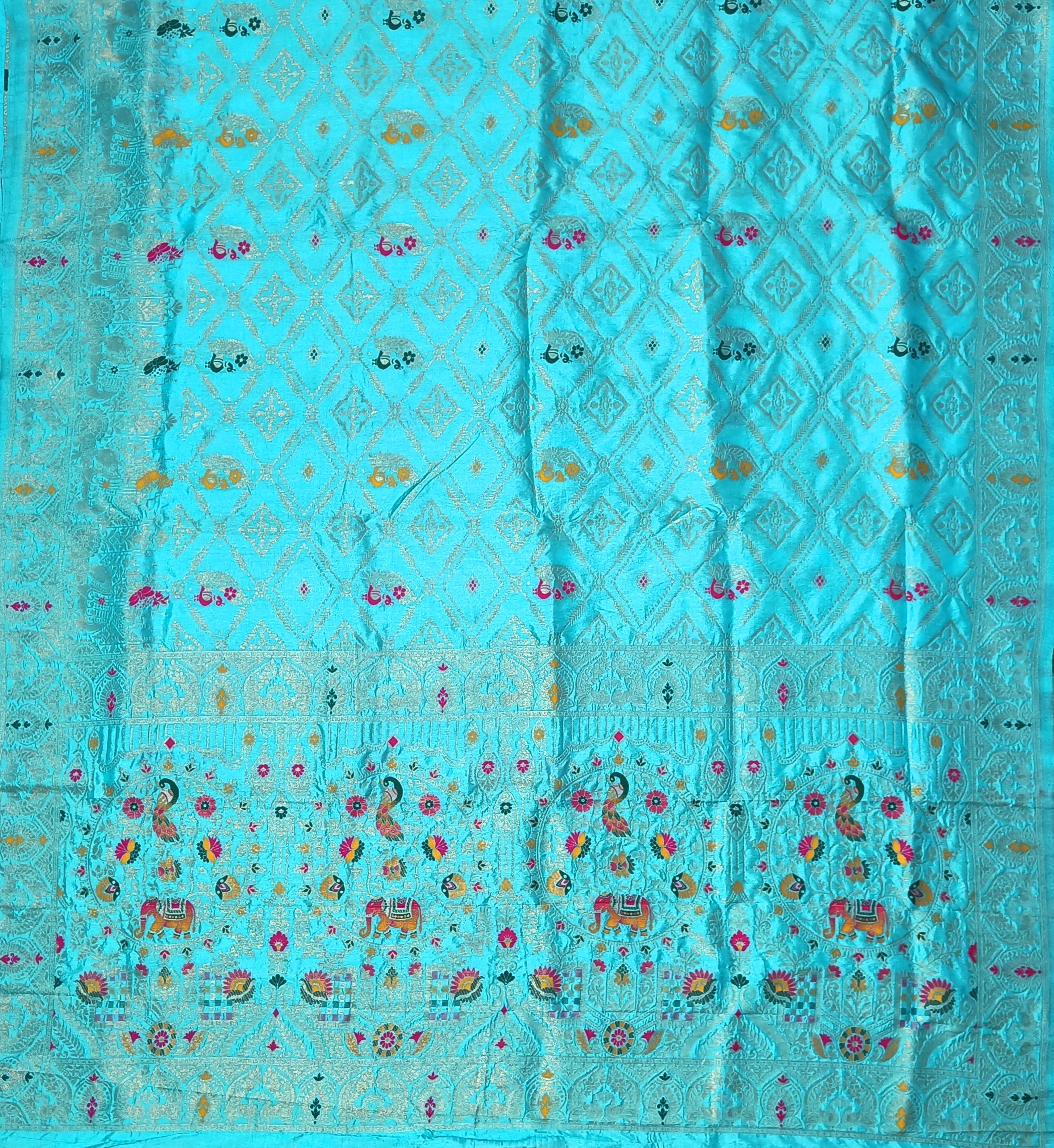 Royal Turquoise Blue Dola Silk Saree with Peacock & Elephant Woven Border
