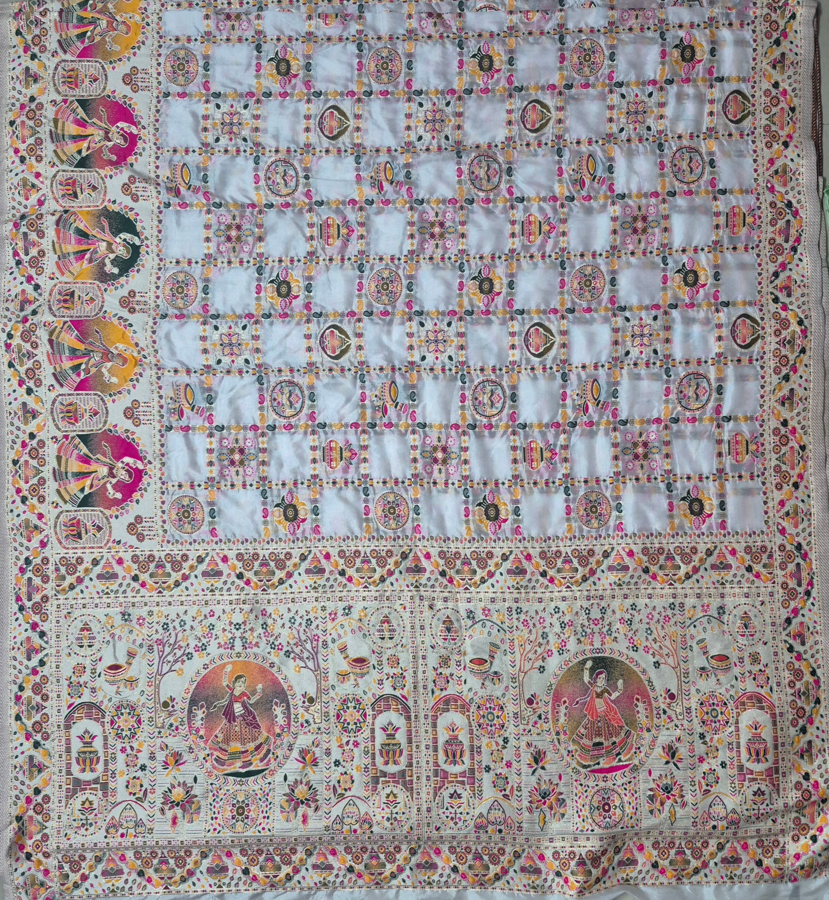 white Pashmina Silk Saree with Multicolor Woven Traditional Designer Pallu
