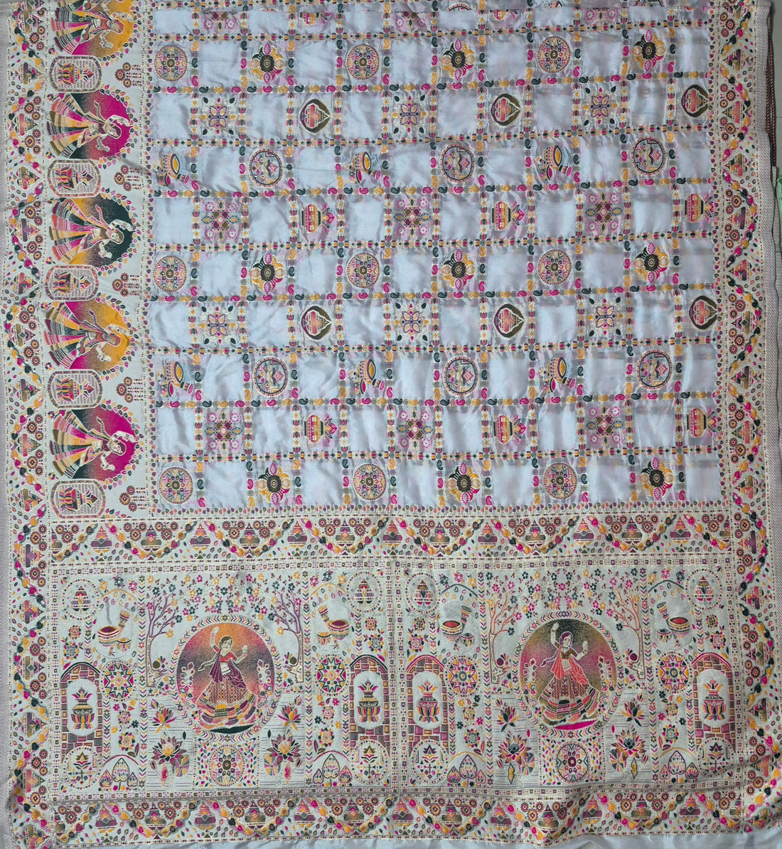 white Pashmina Silk Saree with Multicolor Woven Traditional Designer Pallu