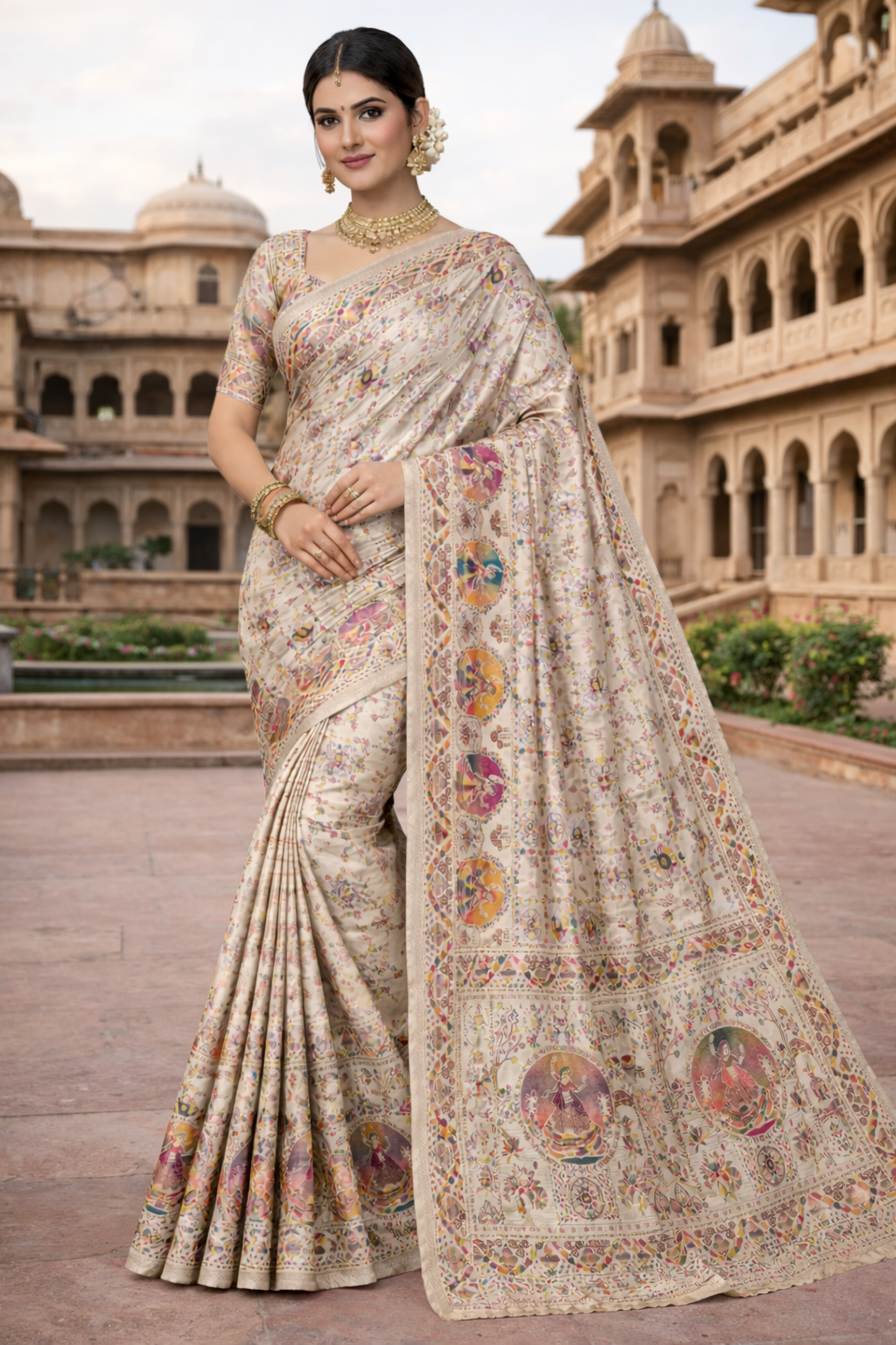 white Pashmina Silk Saree with Multicolor Woven Traditional Designer Pallu