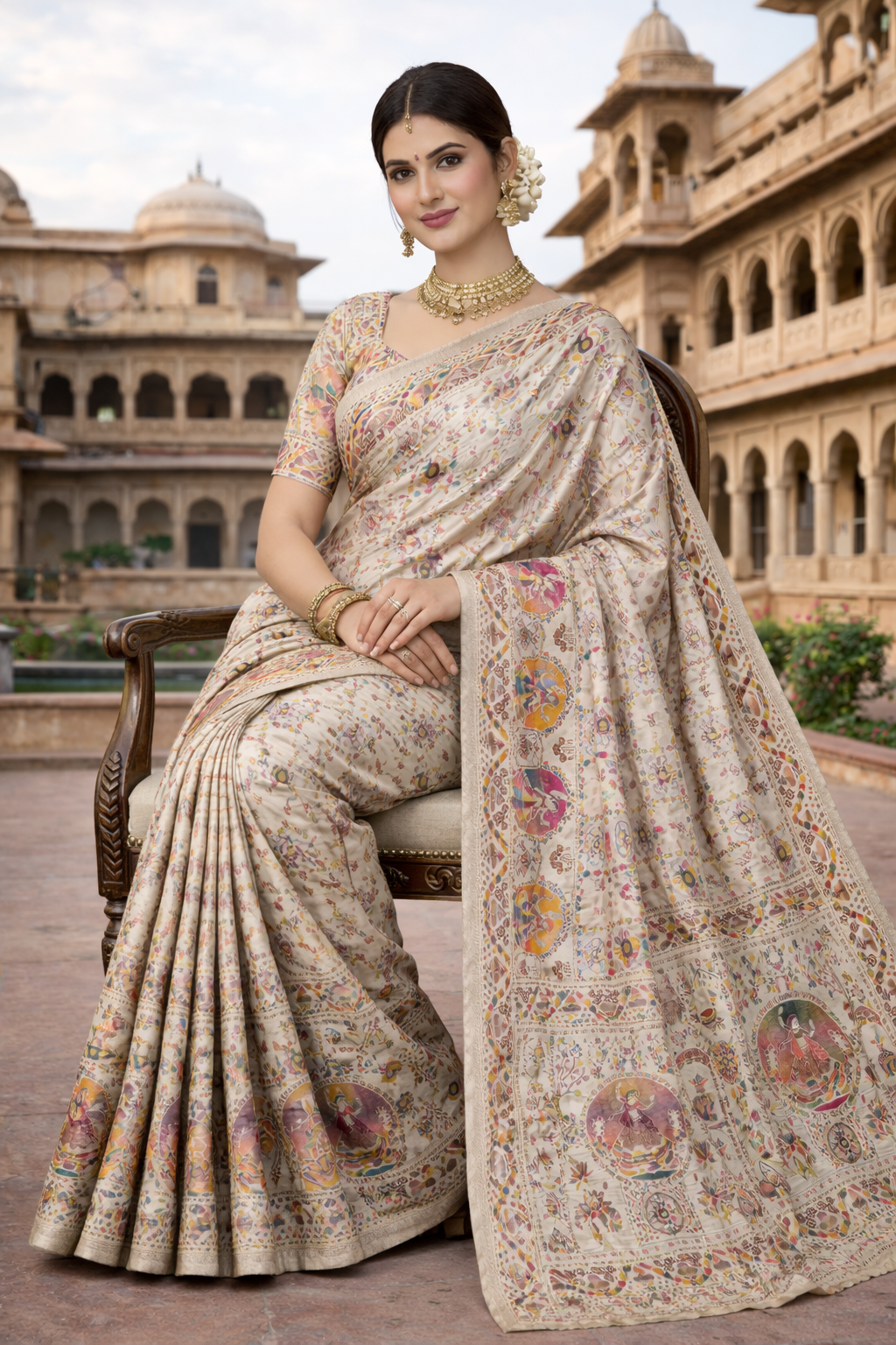 white Pashmina Silk Saree with Multicolor Woven Traditional Designer Pallu