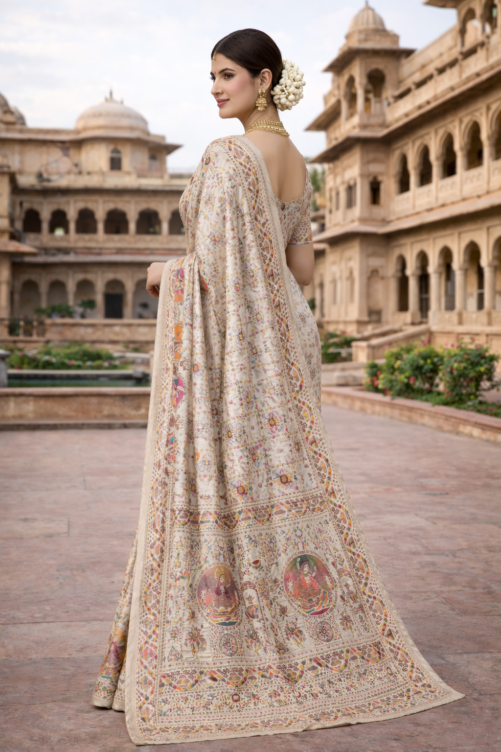 white Pashmina Silk Saree with Multicolor Woven Traditional Designer Pallu
