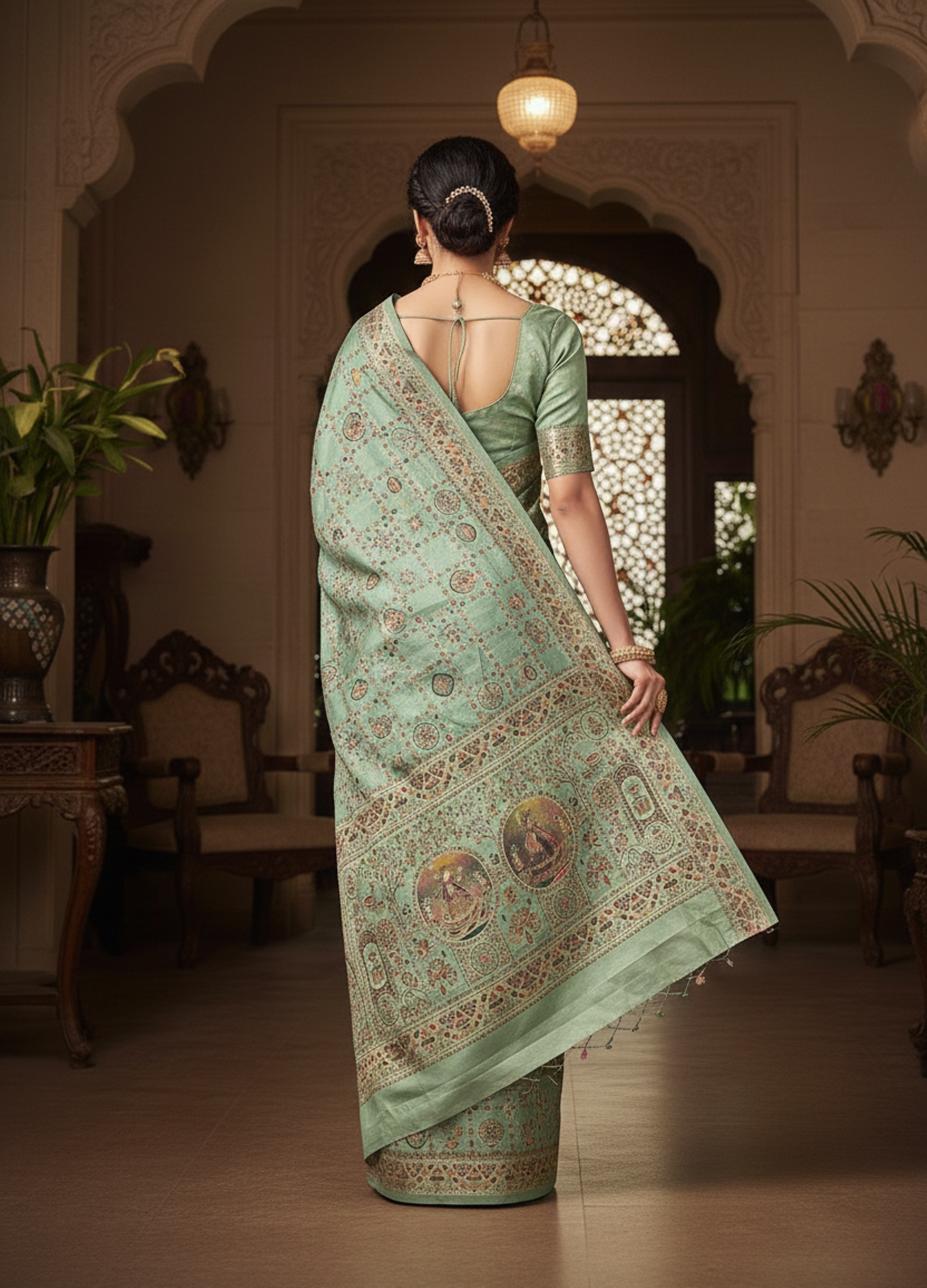 Pastel Green Traditional Pashmina Saree