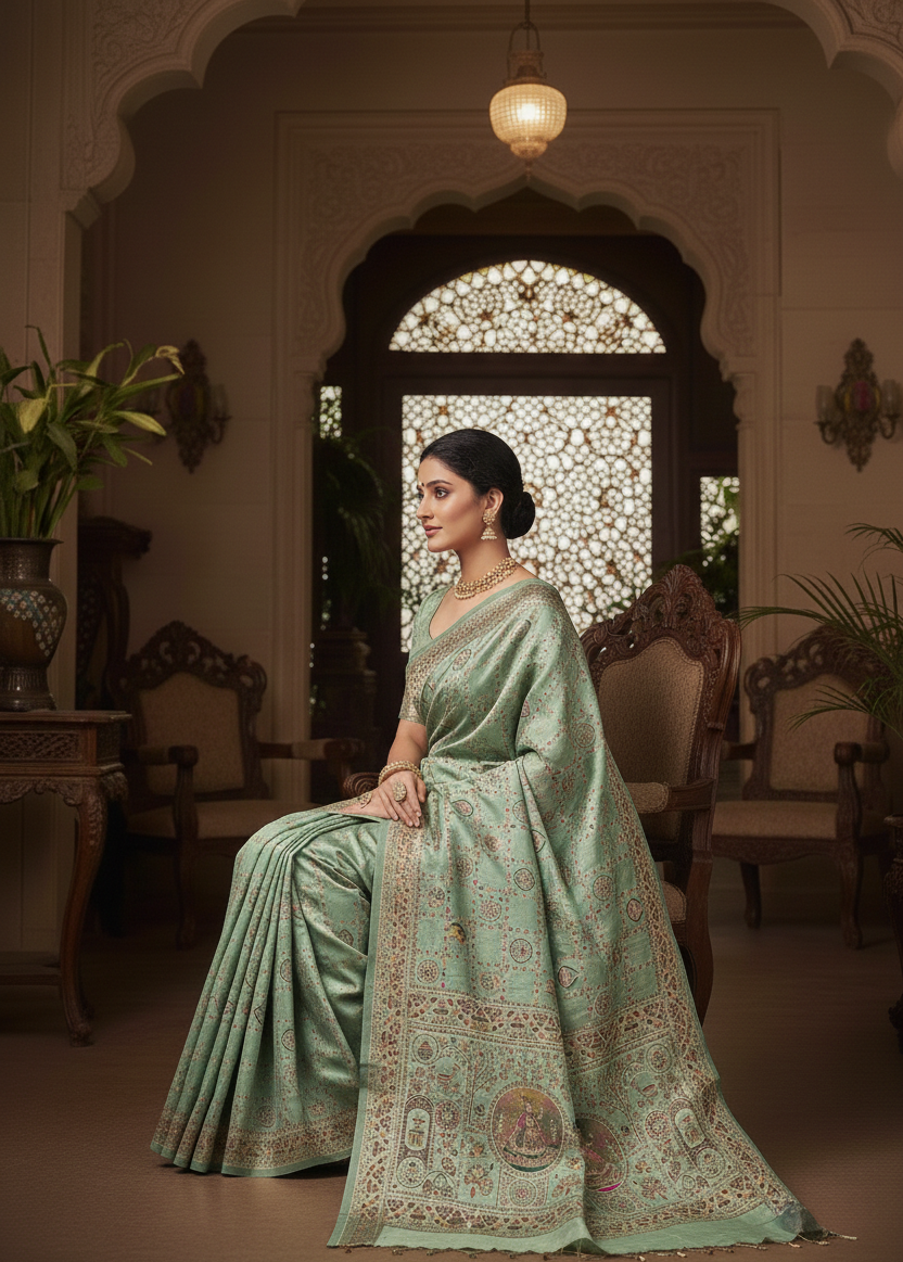 Pastel Green Traditional Pashmina Saree