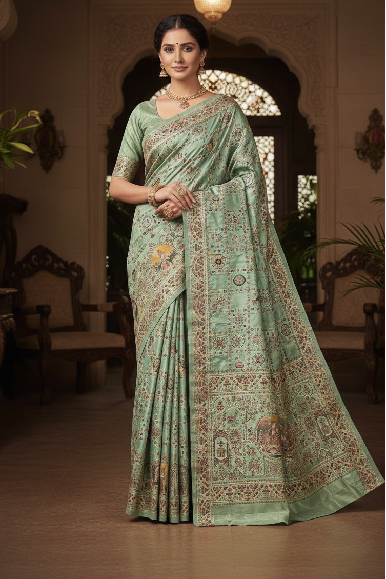 Woman wearing a light green saree with intricate patterns in an elegant indoor setting.