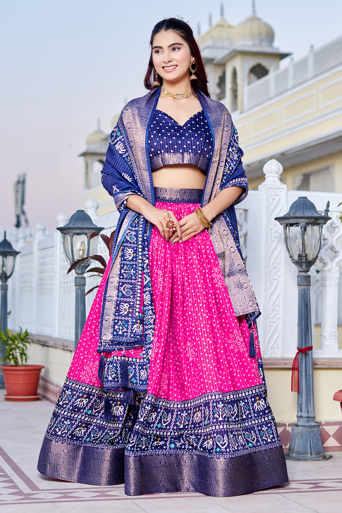 Women's Pink & Navy Blue Designer Lehenga Choli with Traditional Print, Printed Border & Elegant Dupatta | Festive & Wedding Wear