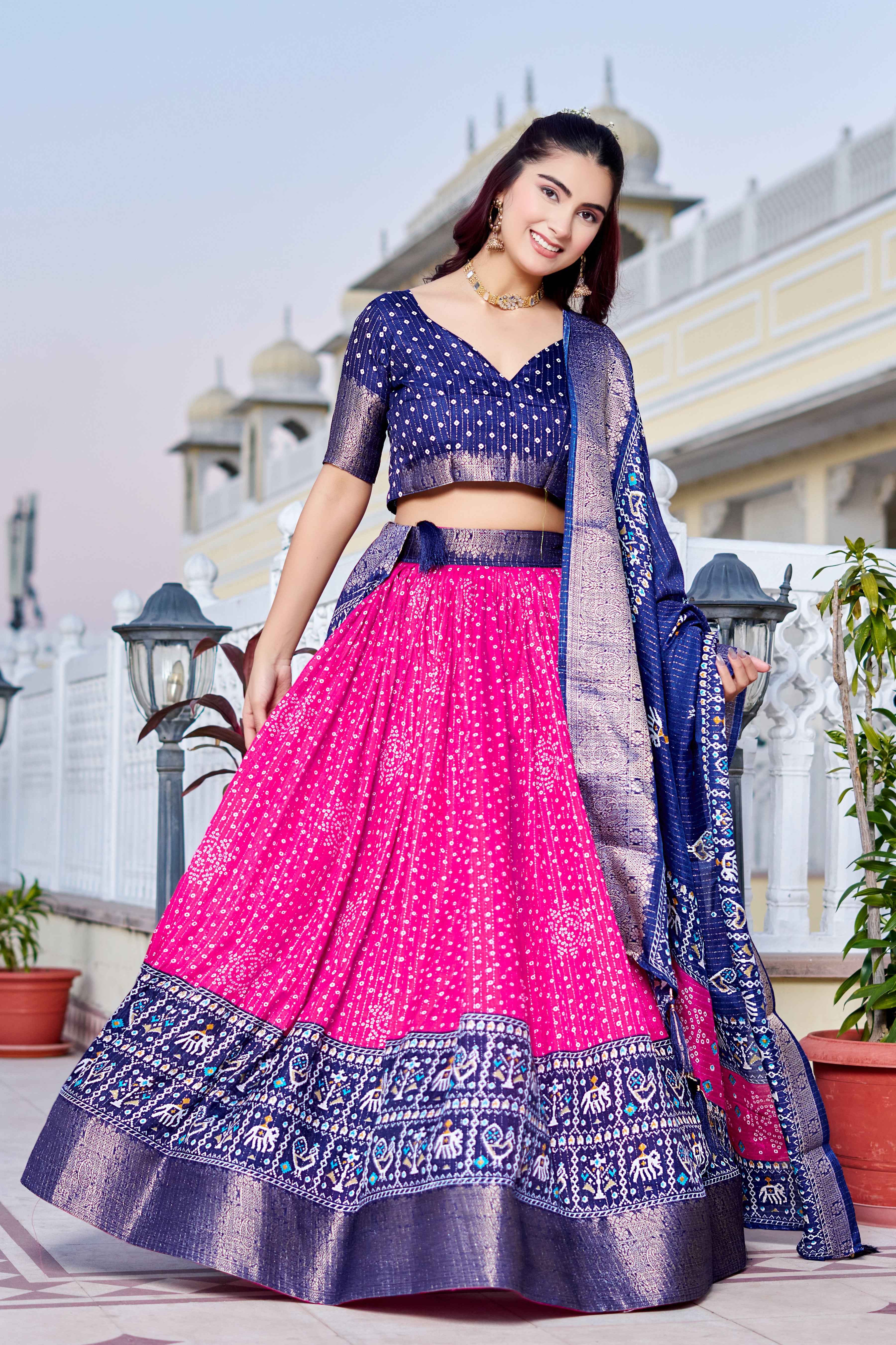 Women's Pink & Navy Blue Designer Lehenga Choli with Traditional Print, Printed Border & Elegant Dupatta | Festive & Wedding Wear