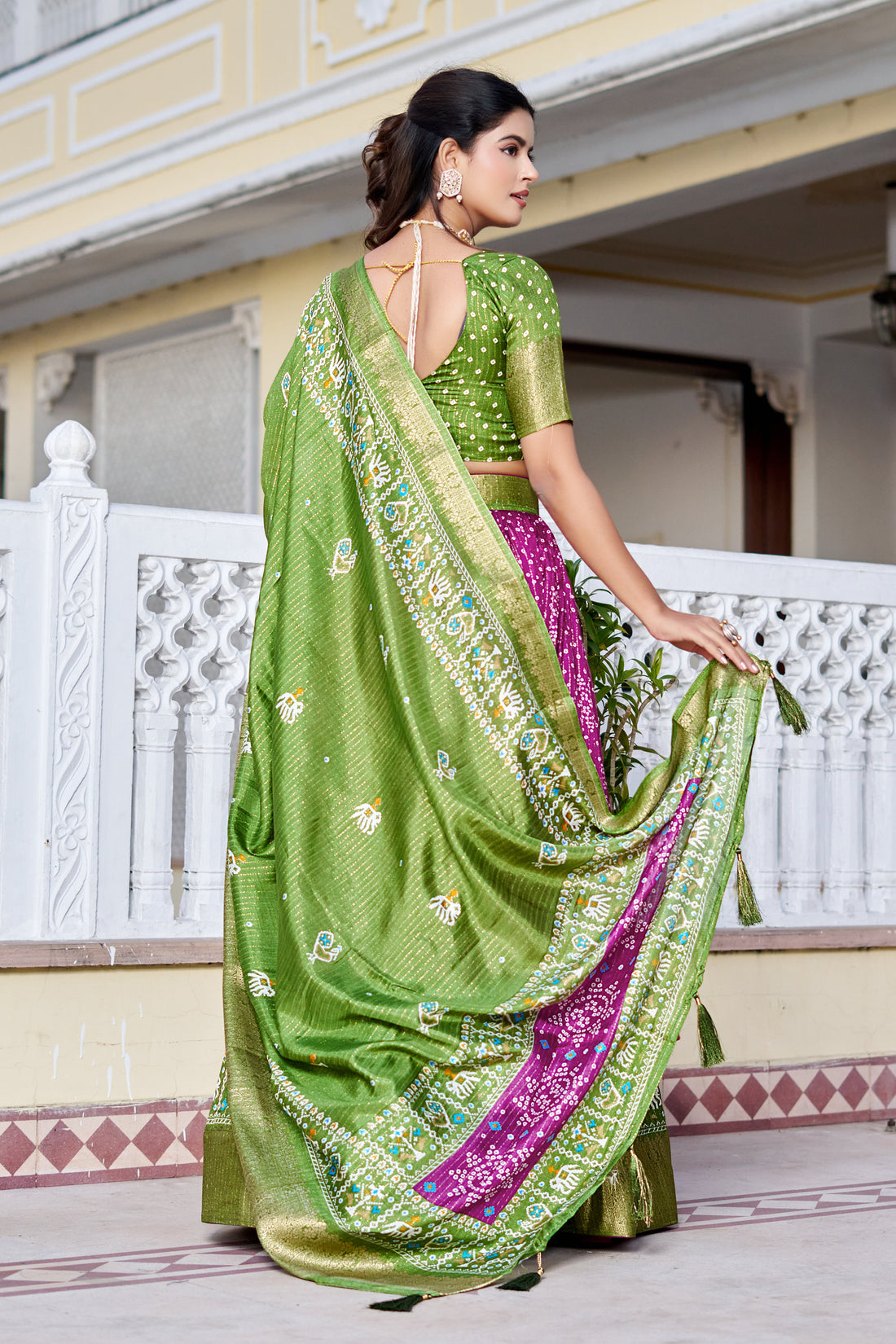 Women's Green & Magenta Designer Lehenga Choli with Traditional Print, Jacquard Border & Dupatta | Festive & Wedding Wear