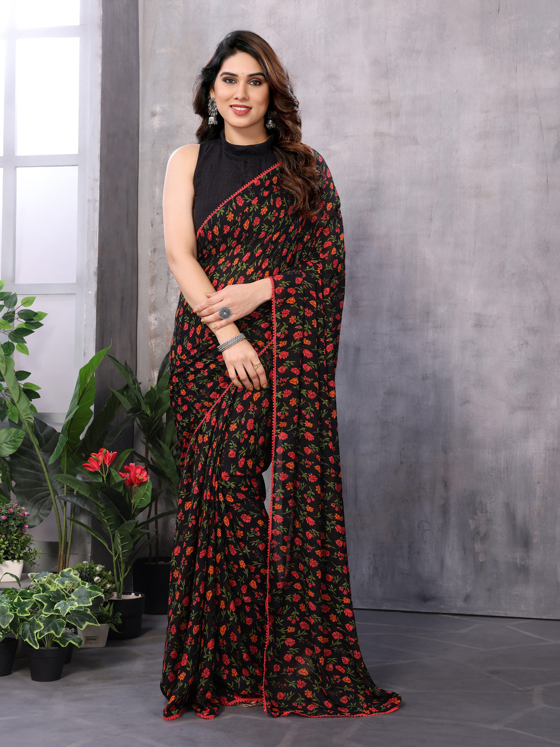 Black Ready to Wear Floral Saree