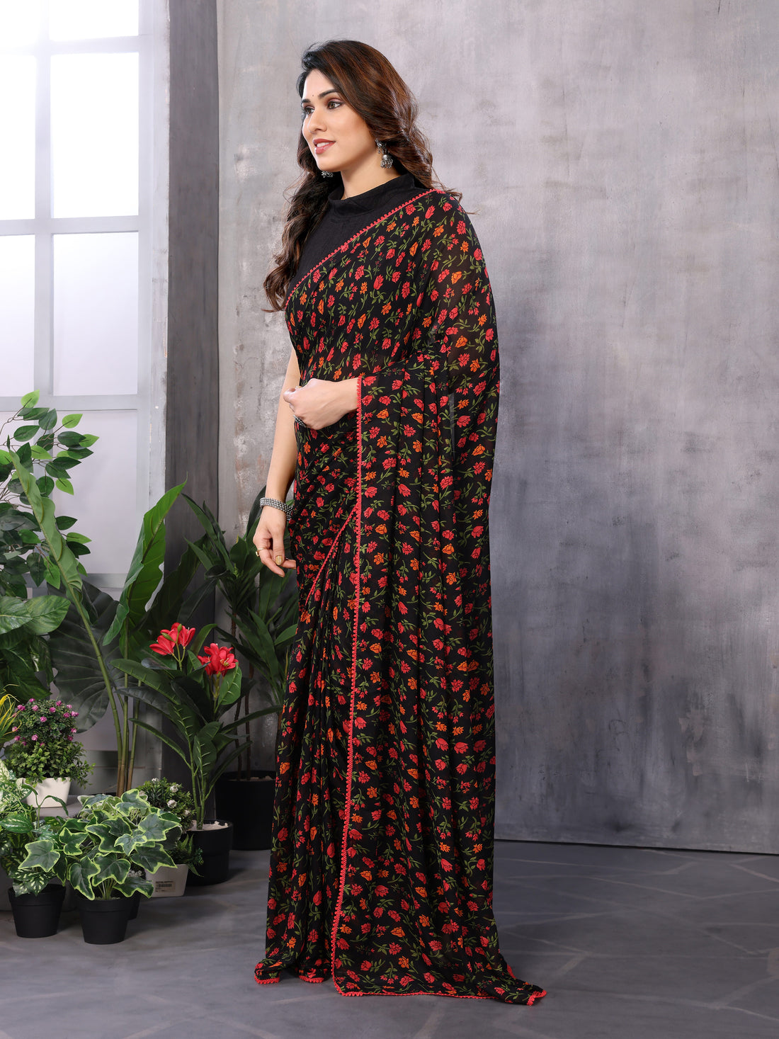 Black Ready to Wear Floral Saree