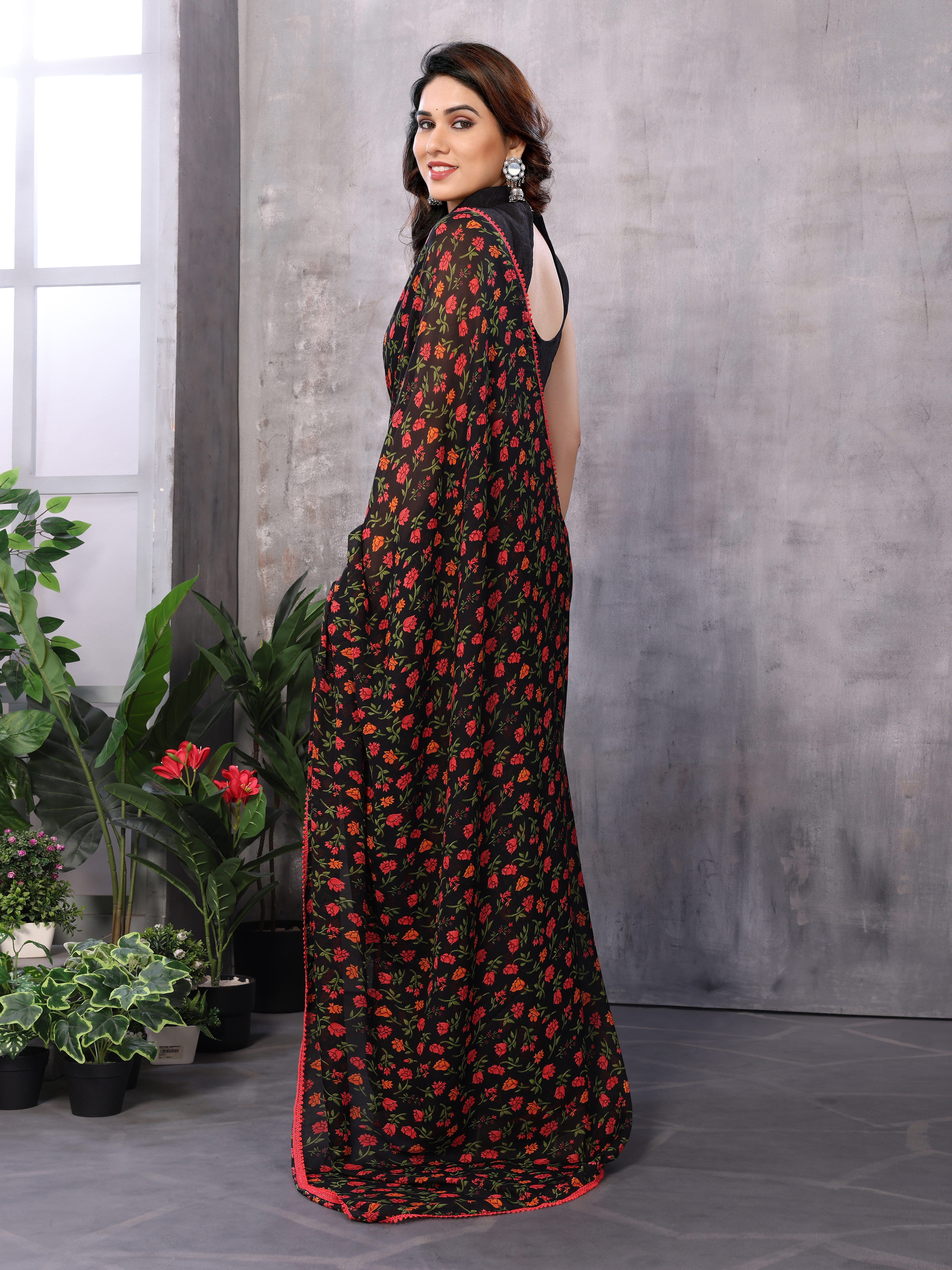 Black Ready to Wear Floral Saree