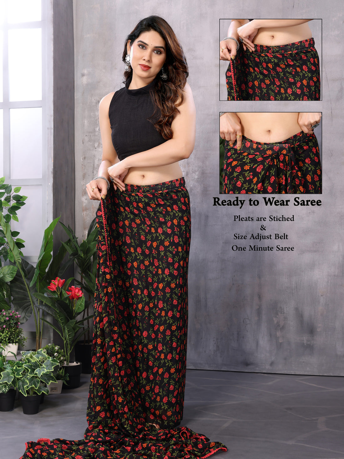 Black Ready to Wear Floral Saree