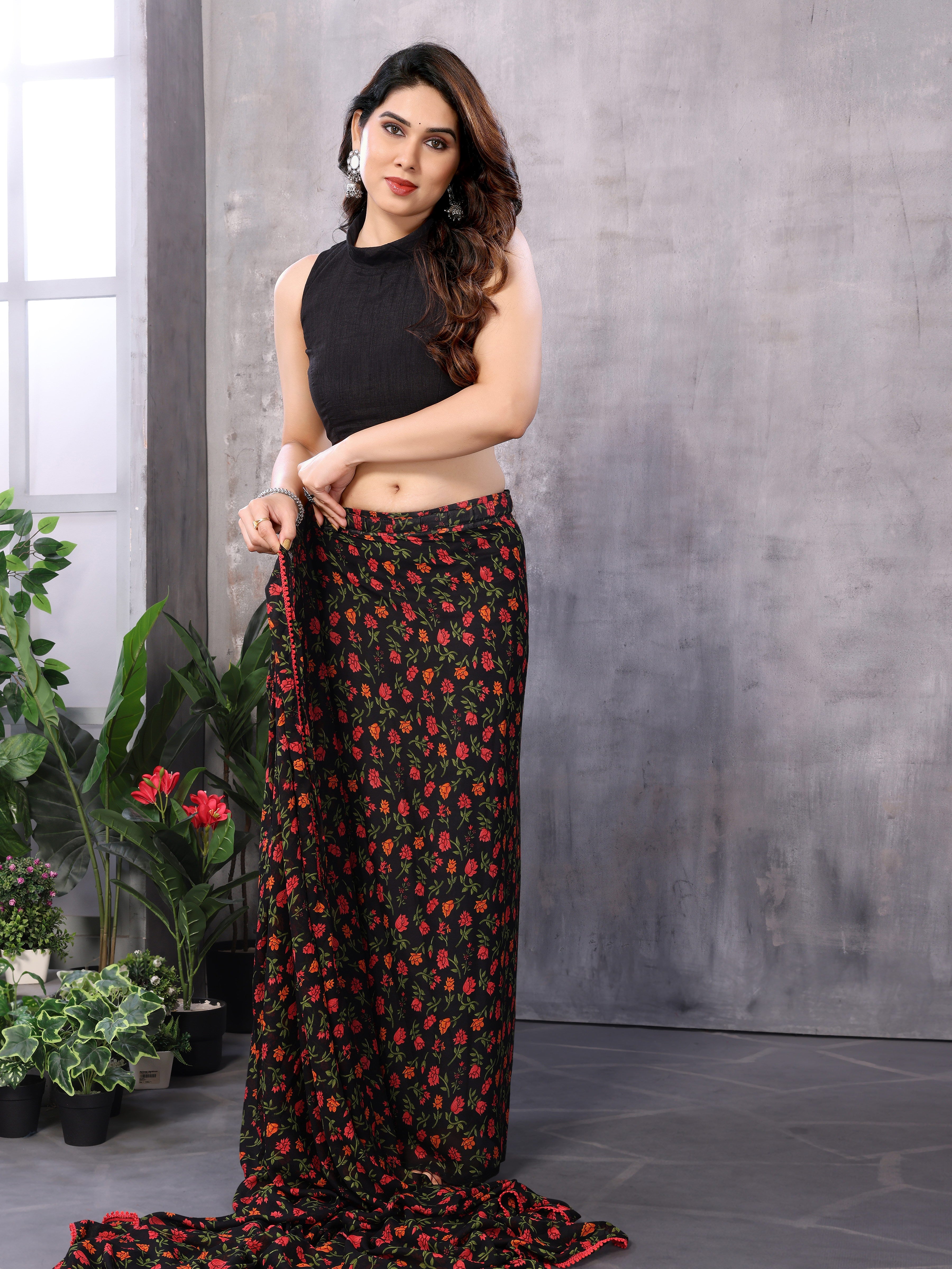 Black Ready to Wear Floral Saree
