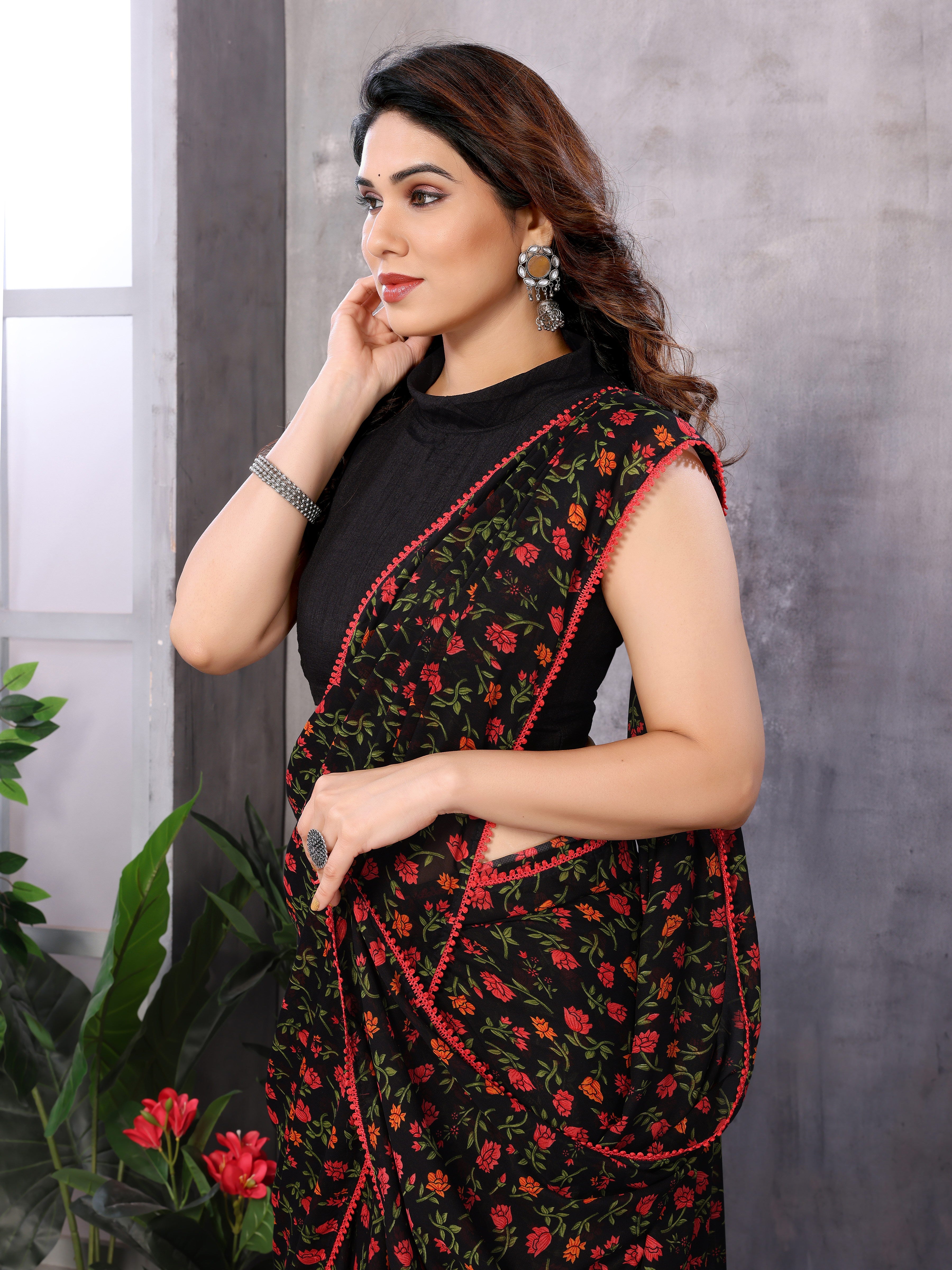 Black Ready to Wear Floral Saree