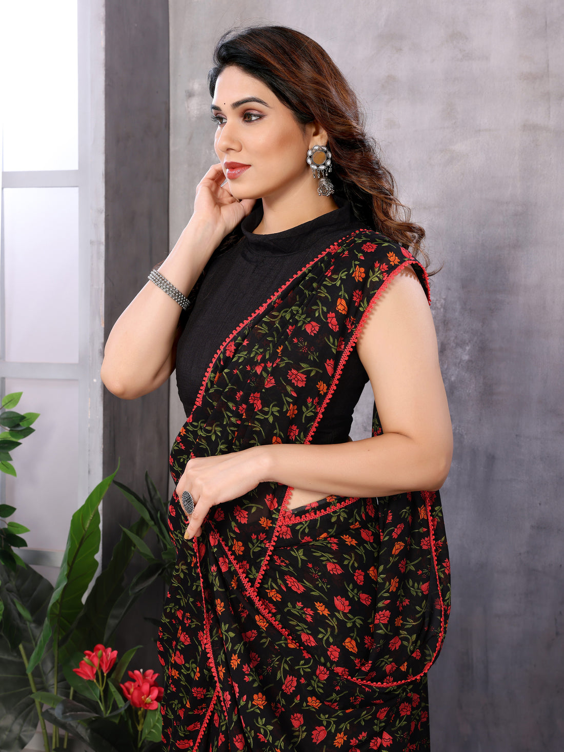 Black Ready to Wear Floral Saree