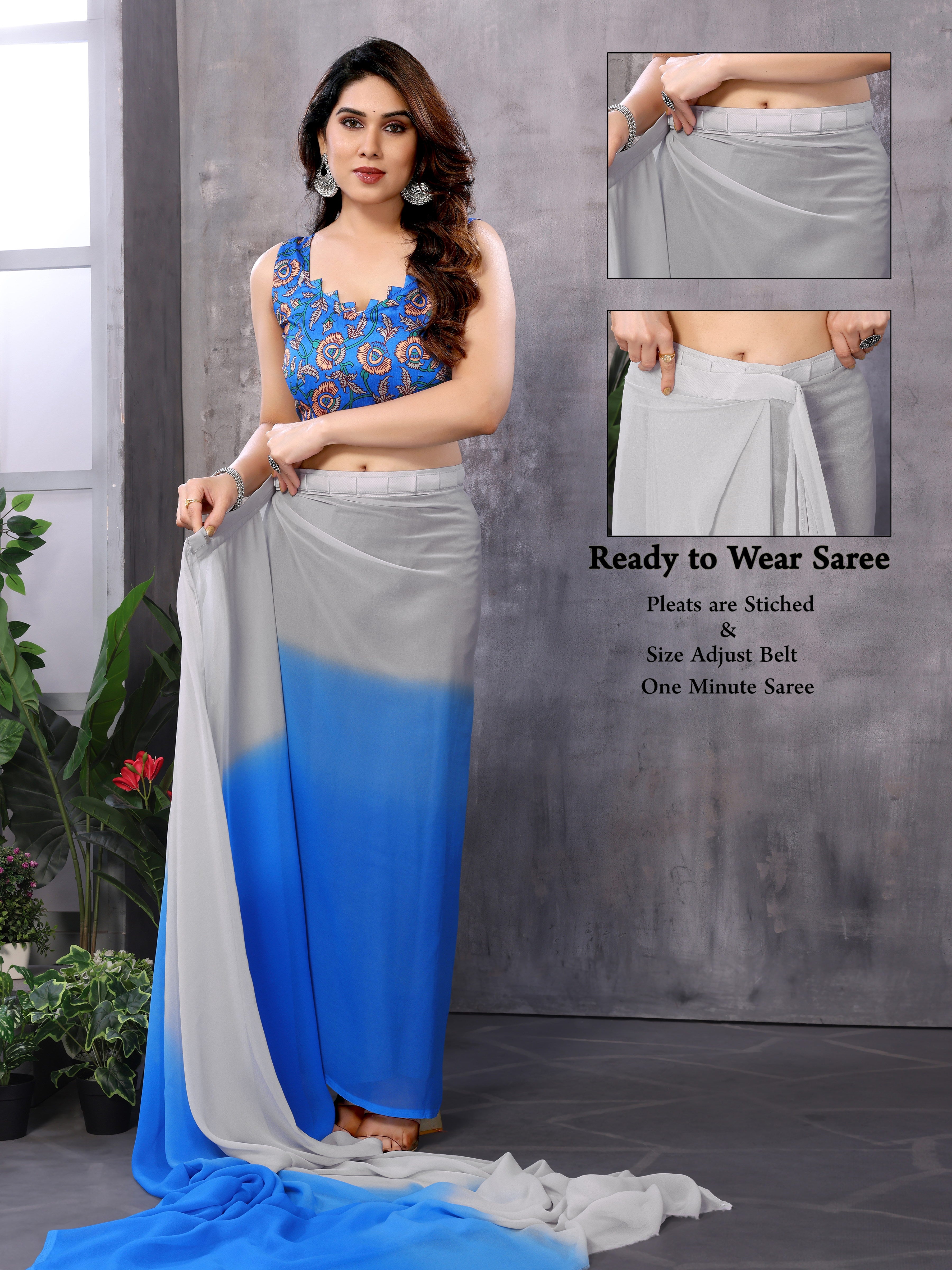 Grey Blue Ready to Wear Saree