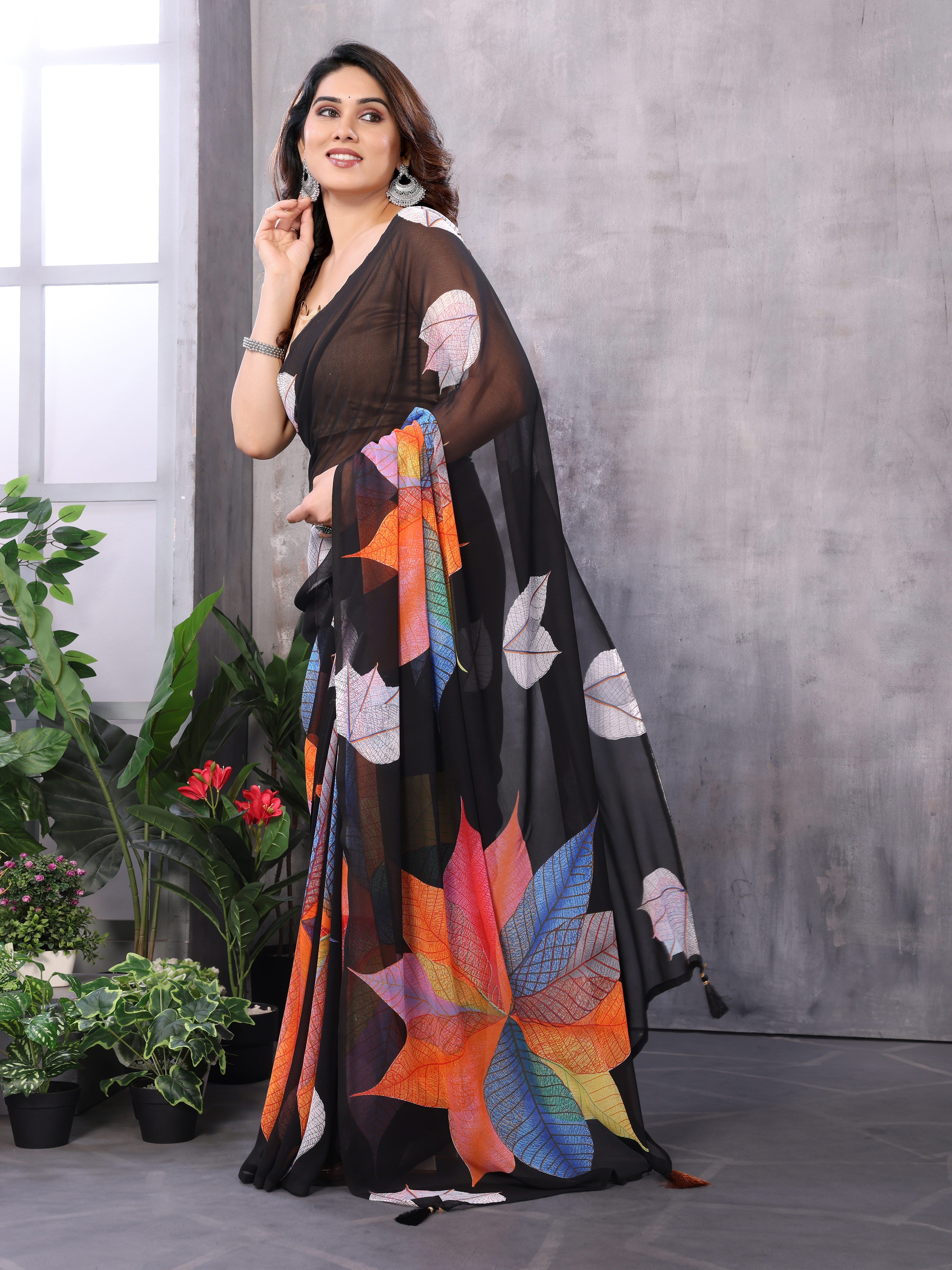 Black Georgette Silk Ready-to-Wear Saree with Multicolour