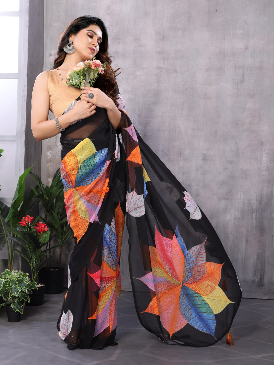 Black Georgette Silk Ready-to-Wear Saree with Multicolour
