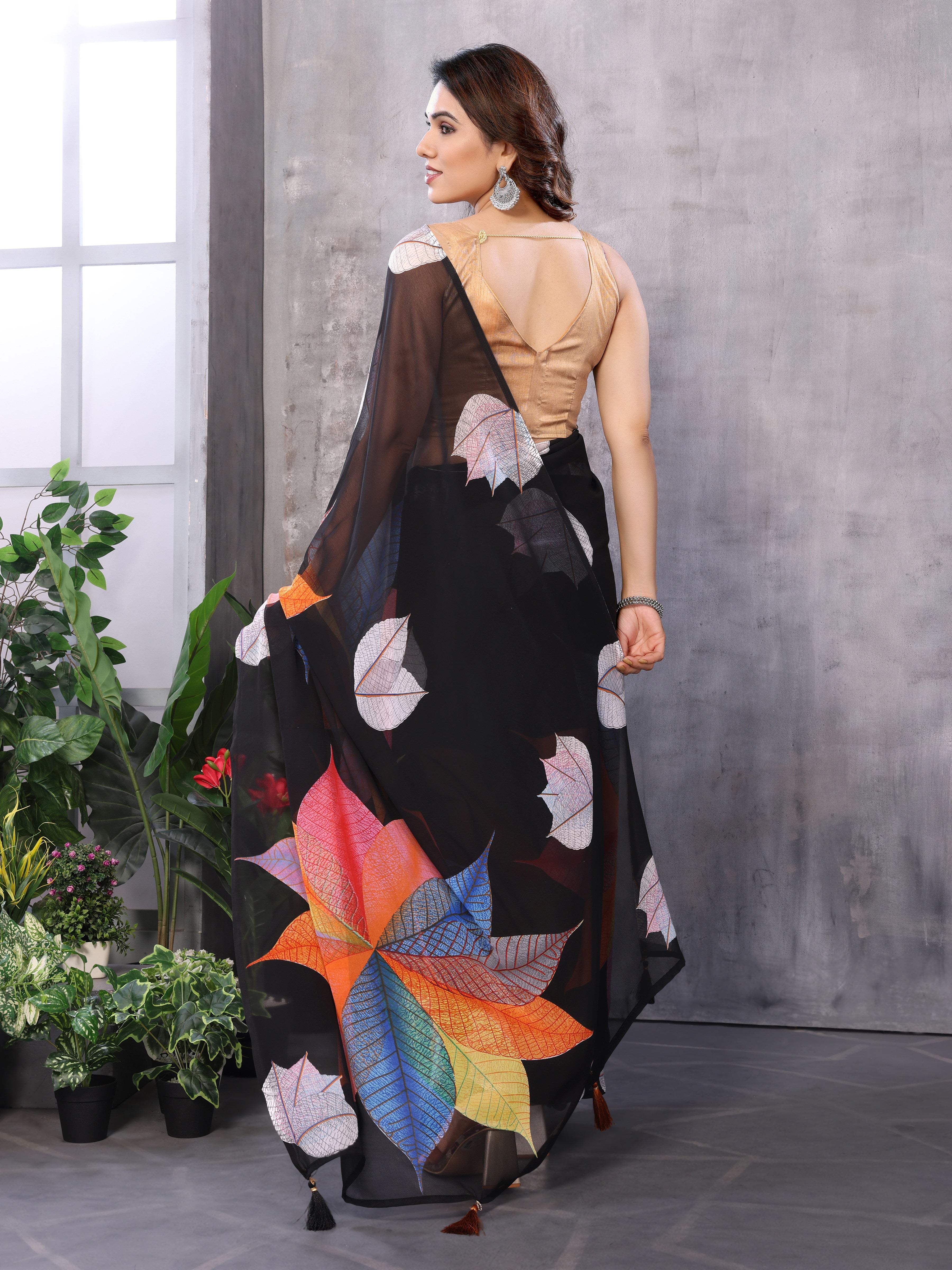 Black Georgette Silk Ready-to-Wear Saree with Multicolour