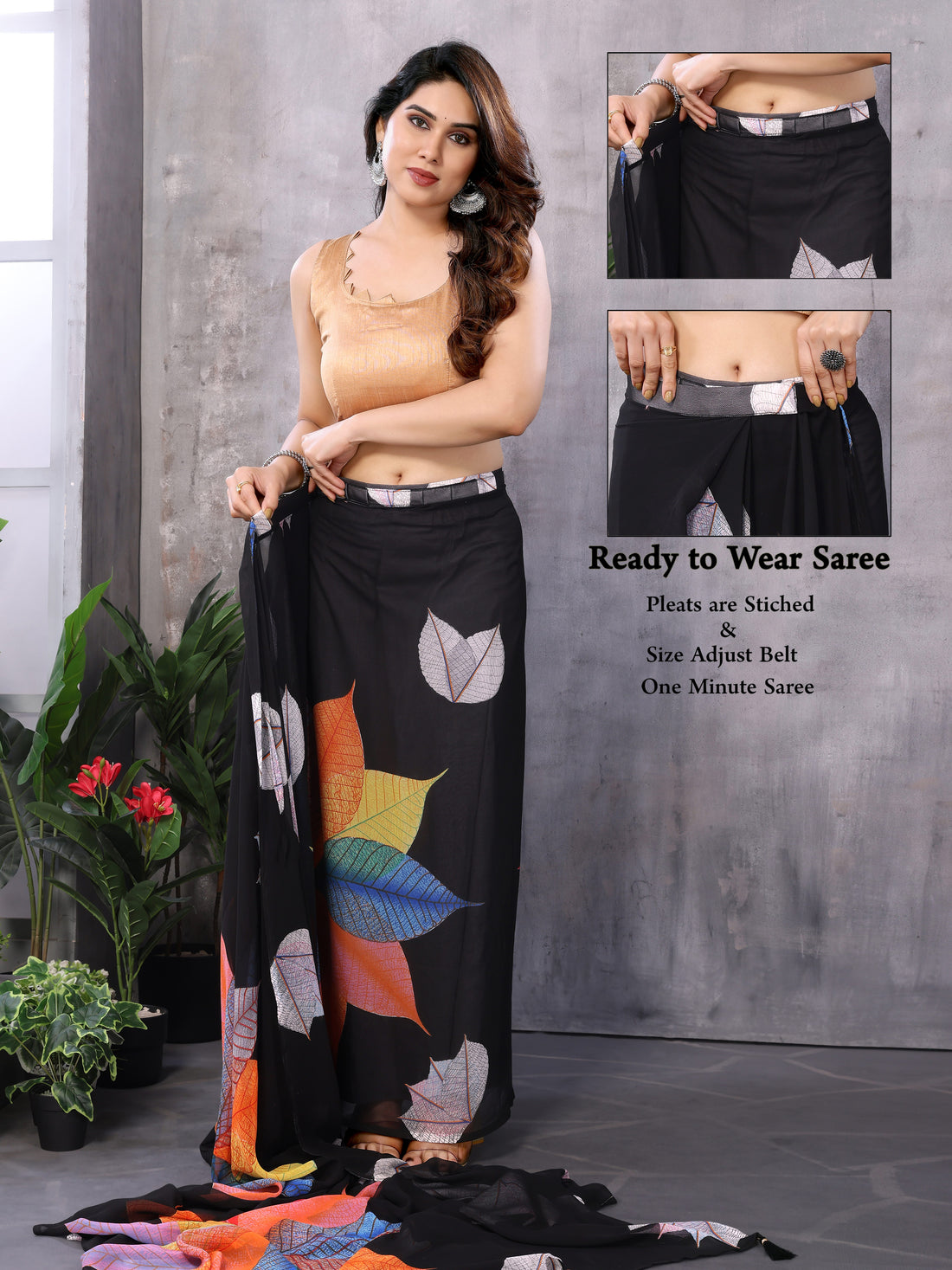 Black Georgette Silk Ready-to-Wear Saree with Multicolour