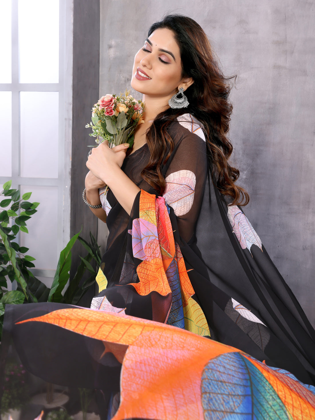 Black Georgette Silk Ready-to-Wear Saree with Multicolour