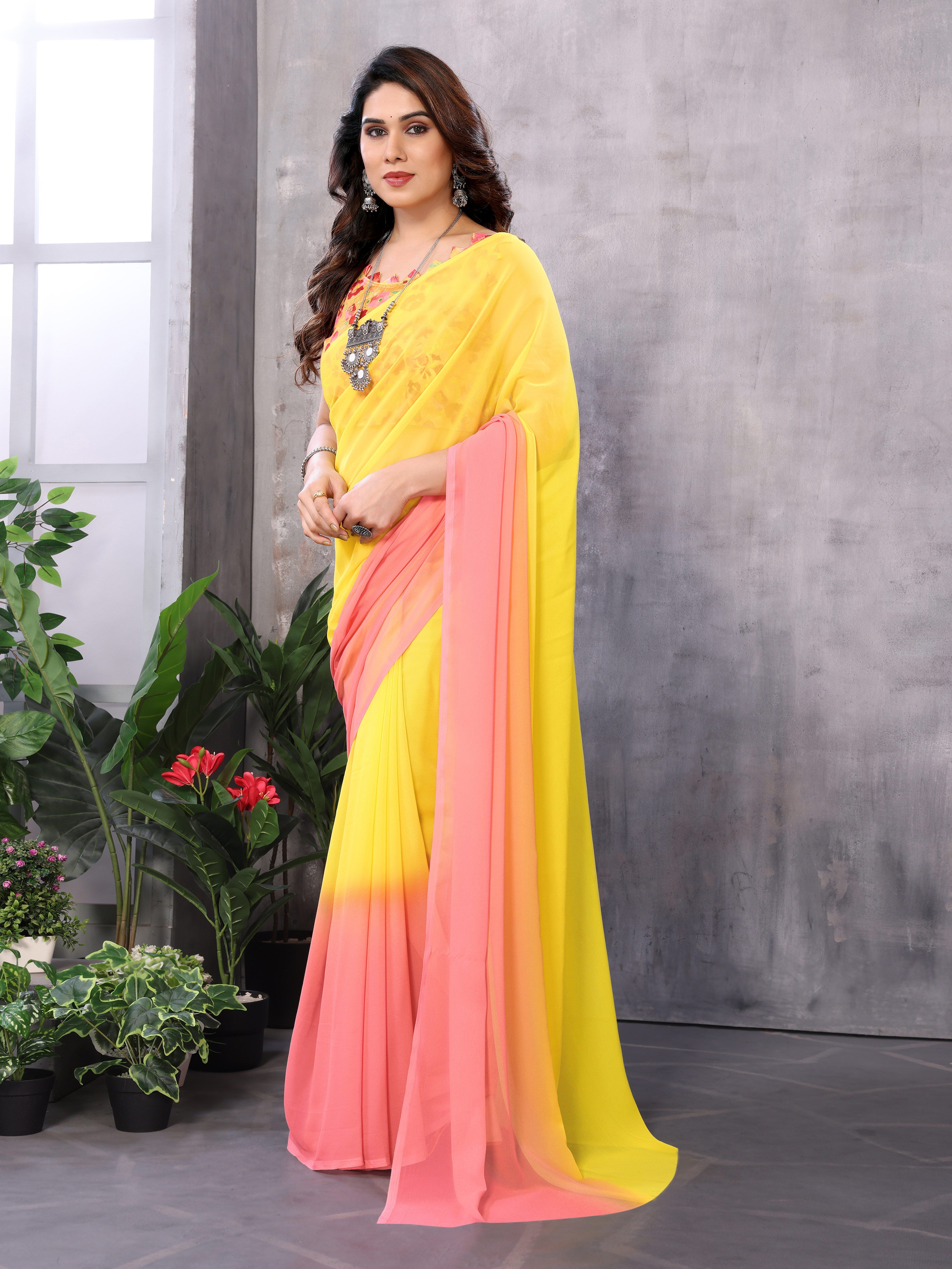 Yellow & Pink Georgette Silk Ready-to-Wear Saree