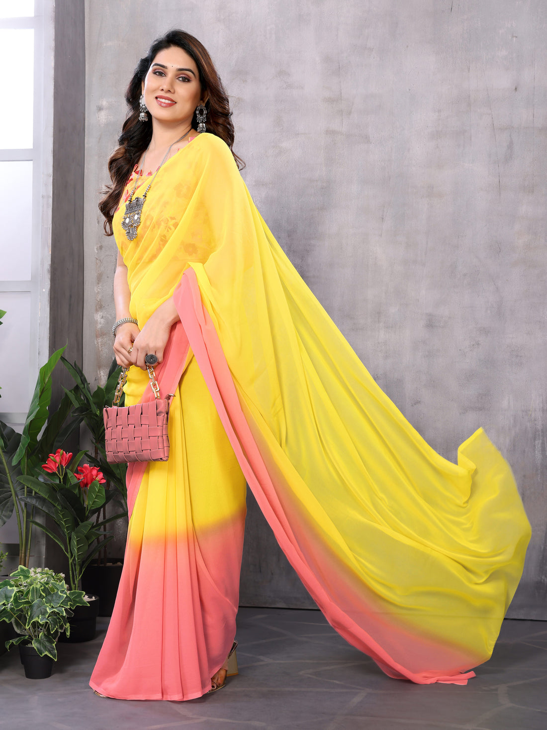 Yellow & Pink Georgette Silk Ready-to-Wear Saree