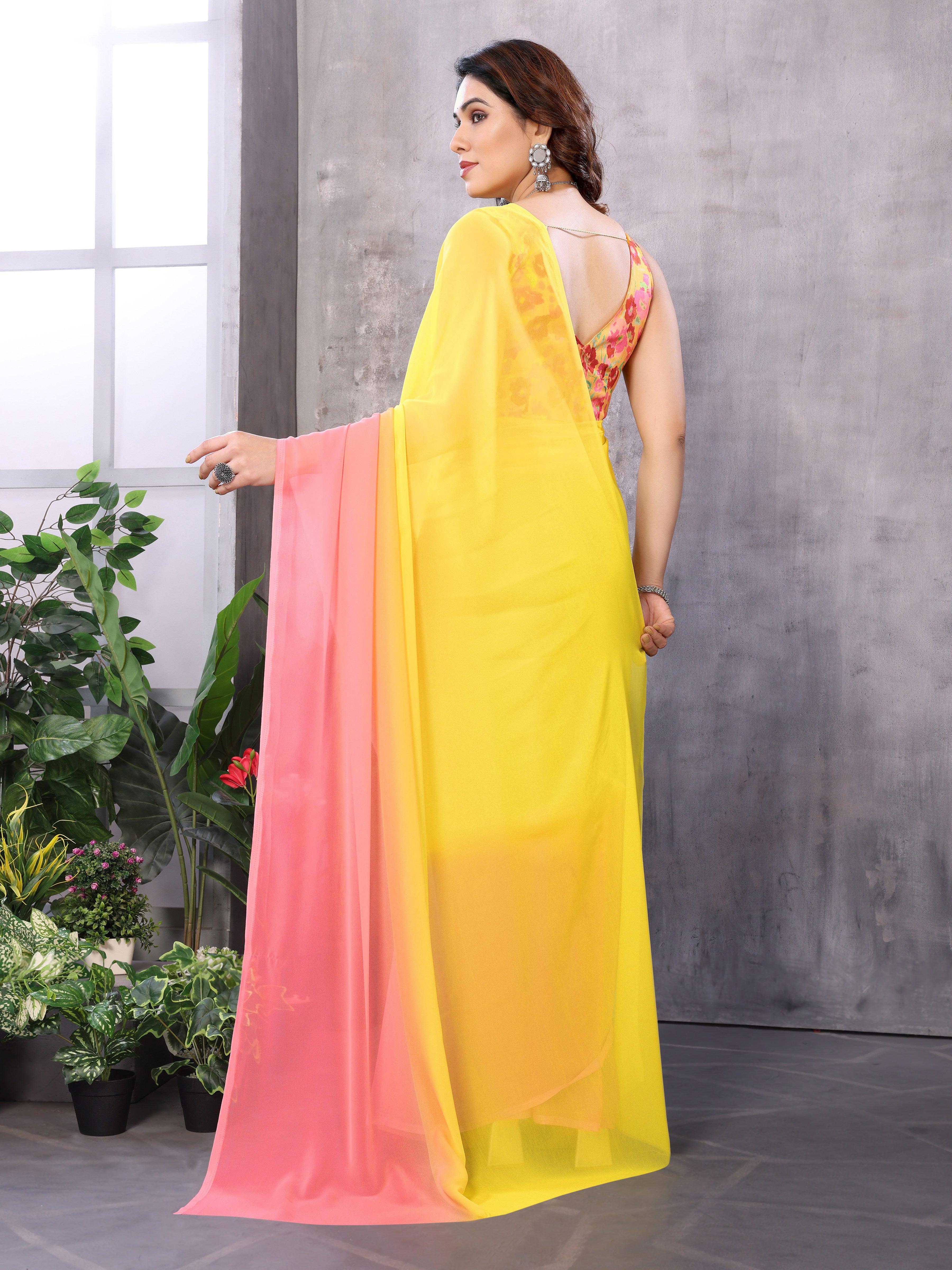 Yellow & Pink Georgette Silk Ready-to-Wear Saree