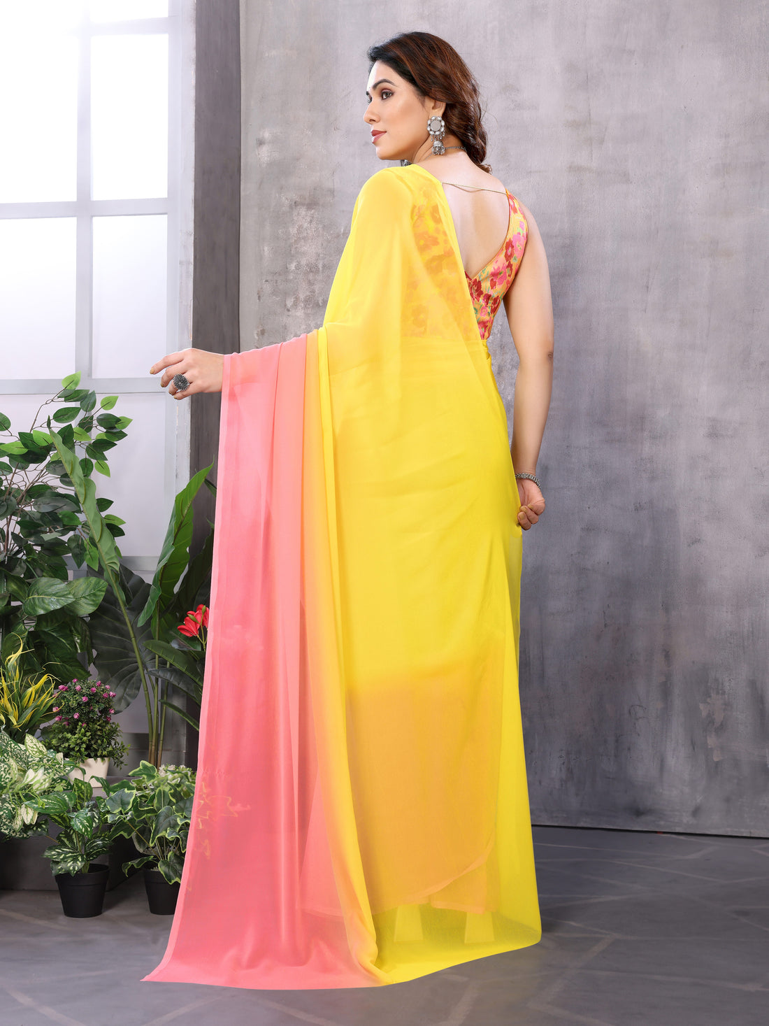 Yellow & Pink Georgette Silk Ready-to-Wear Saree