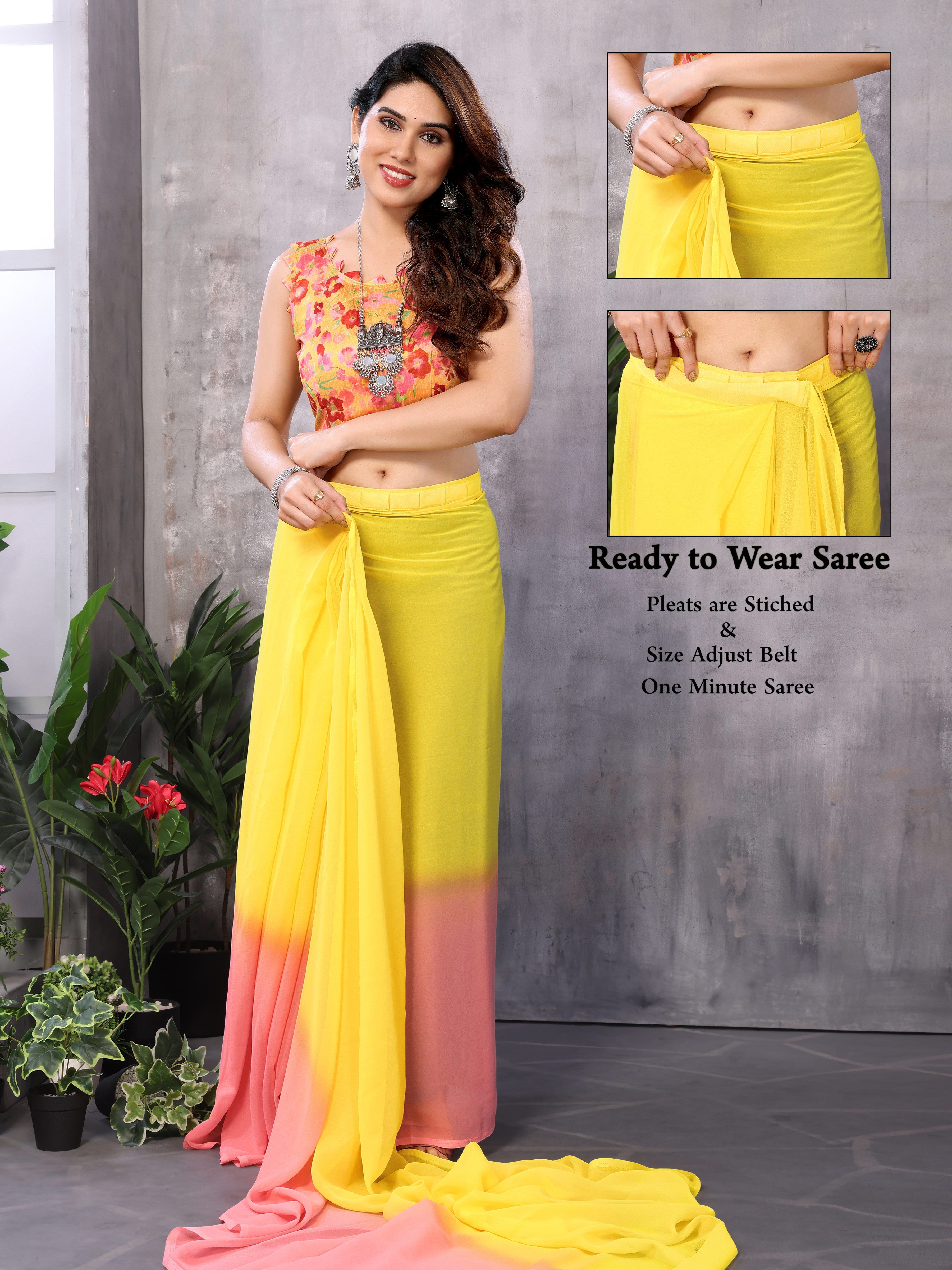 Yellow & Pink Georgette Silk Ready-to-Wear Saree