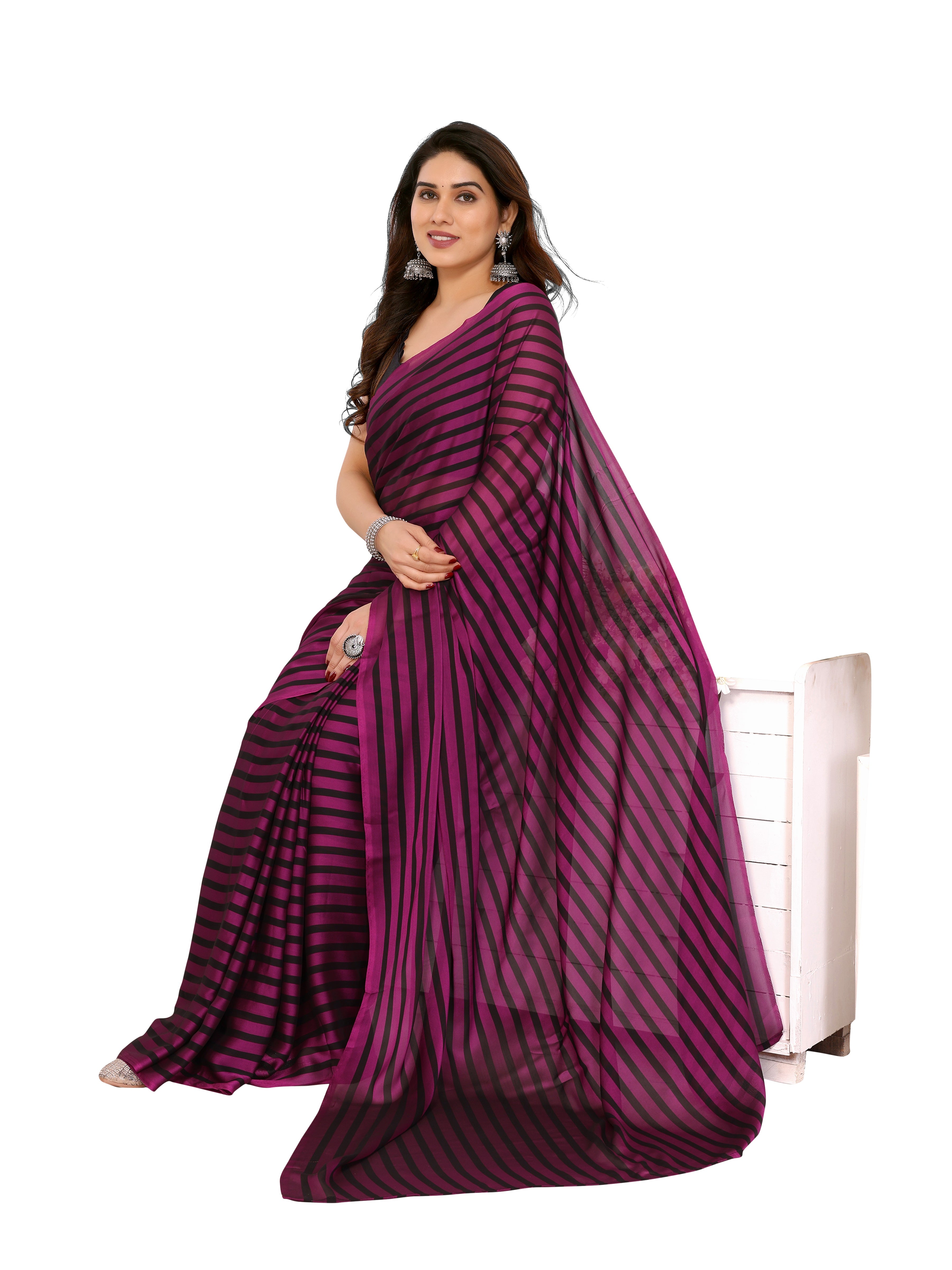 Wine Purple & Black Georgette Silk Ready-to-Wear Saree