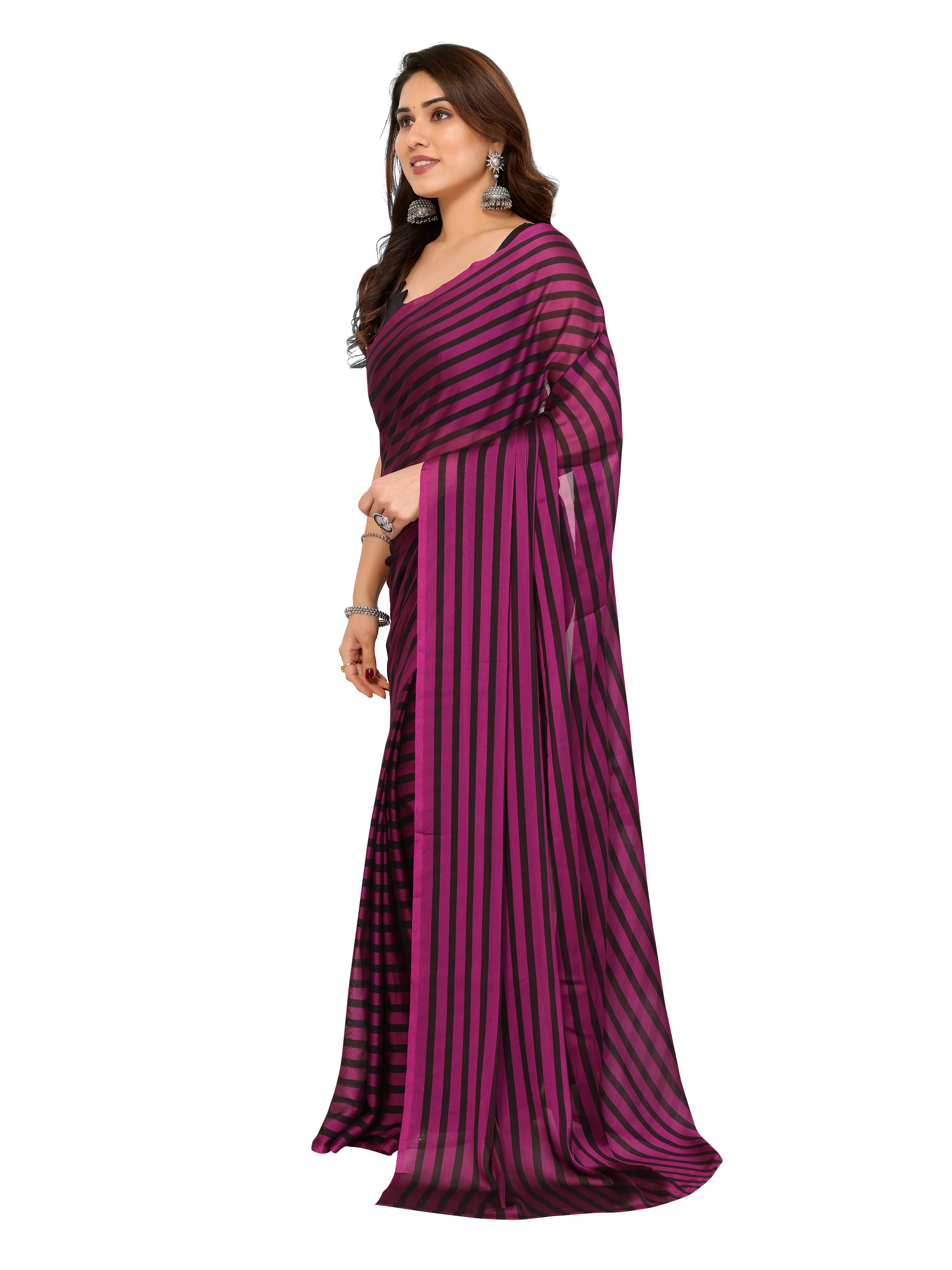 Wine Purple & Black Georgette Silk Ready-to-Wear Saree