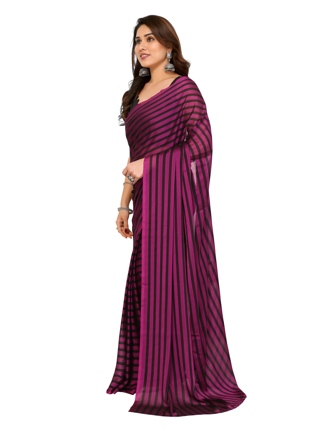 Wine Purple & Black Georgette Silk Ready-to-Wear Saree